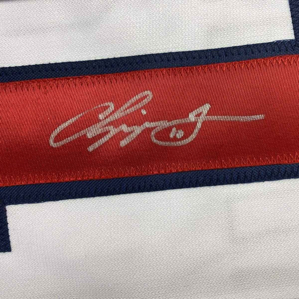 Autographed/Signed Chipper Jones Atlanta White Stat Baseball Jersey JSA COA