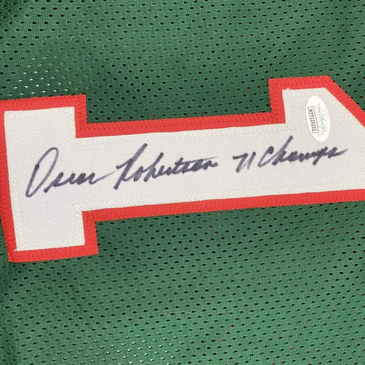 Autographed/Signed Oscar Robertson 71 Champs Milwaukee Green Basketball Jersey JSA COA