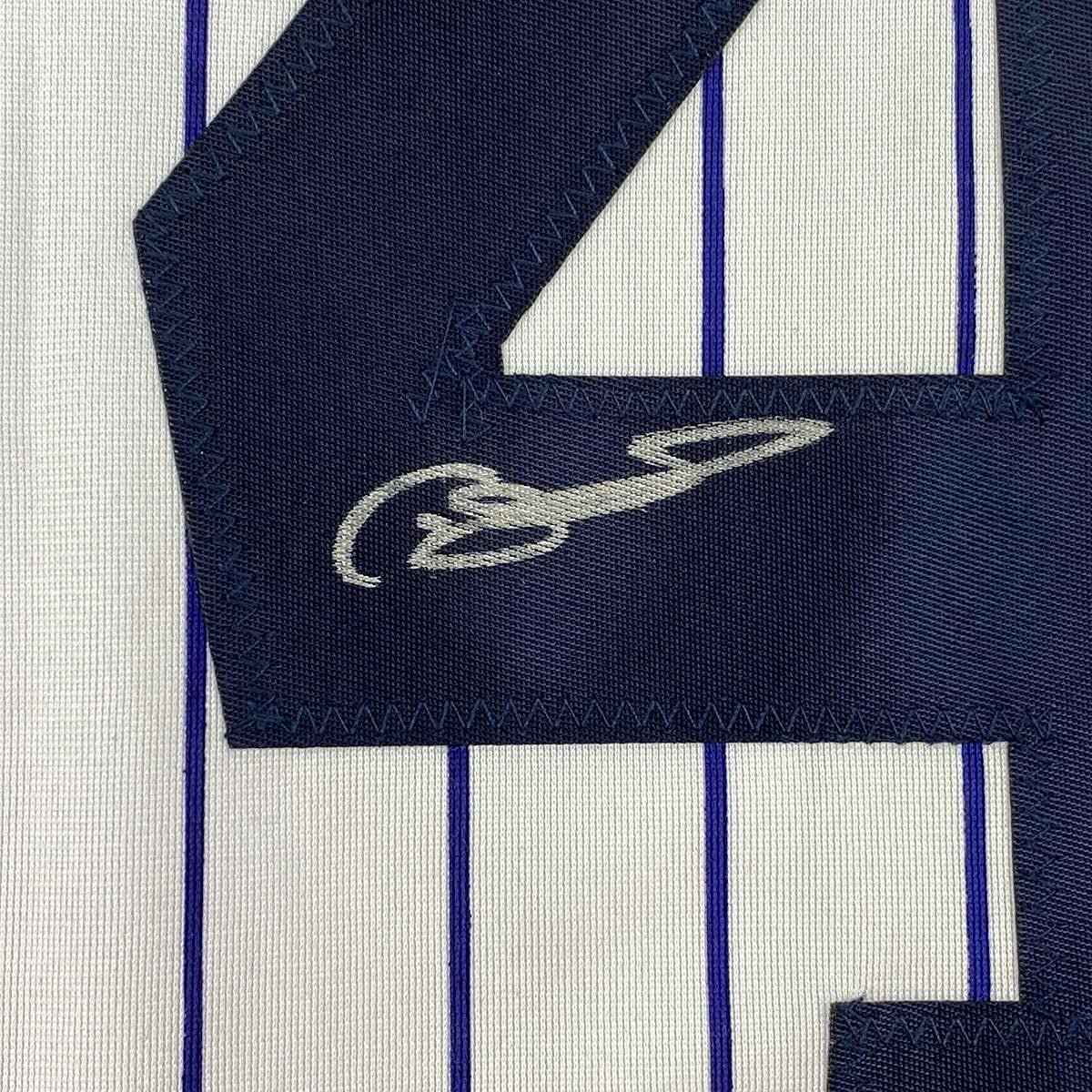 Framed Autographed/Signed Gary Sanchez 35x39 New York Pinstripe Baseball Jersey JSA COA