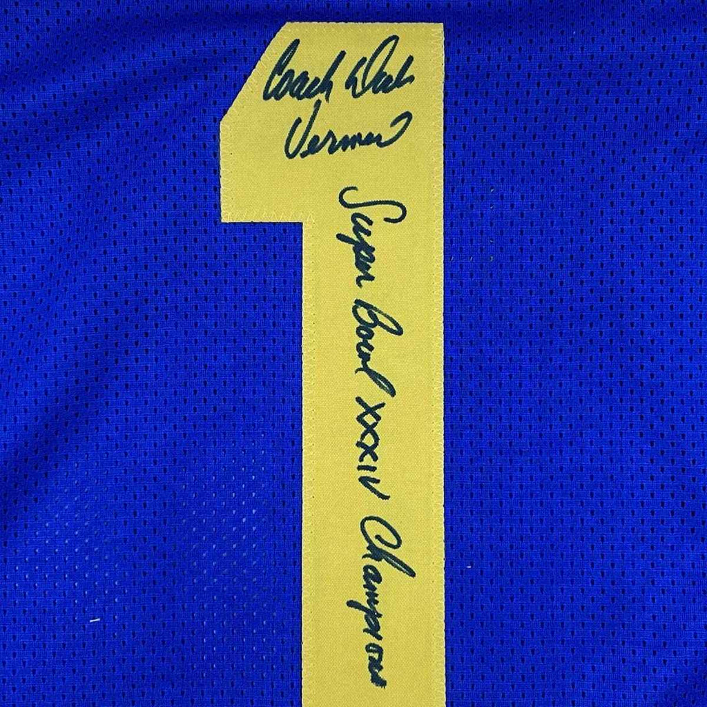 Autographed/Signed Dick Vermeil Super Bowl XXXIV St. Louis Royal Blue Football Jersey JSA COA
