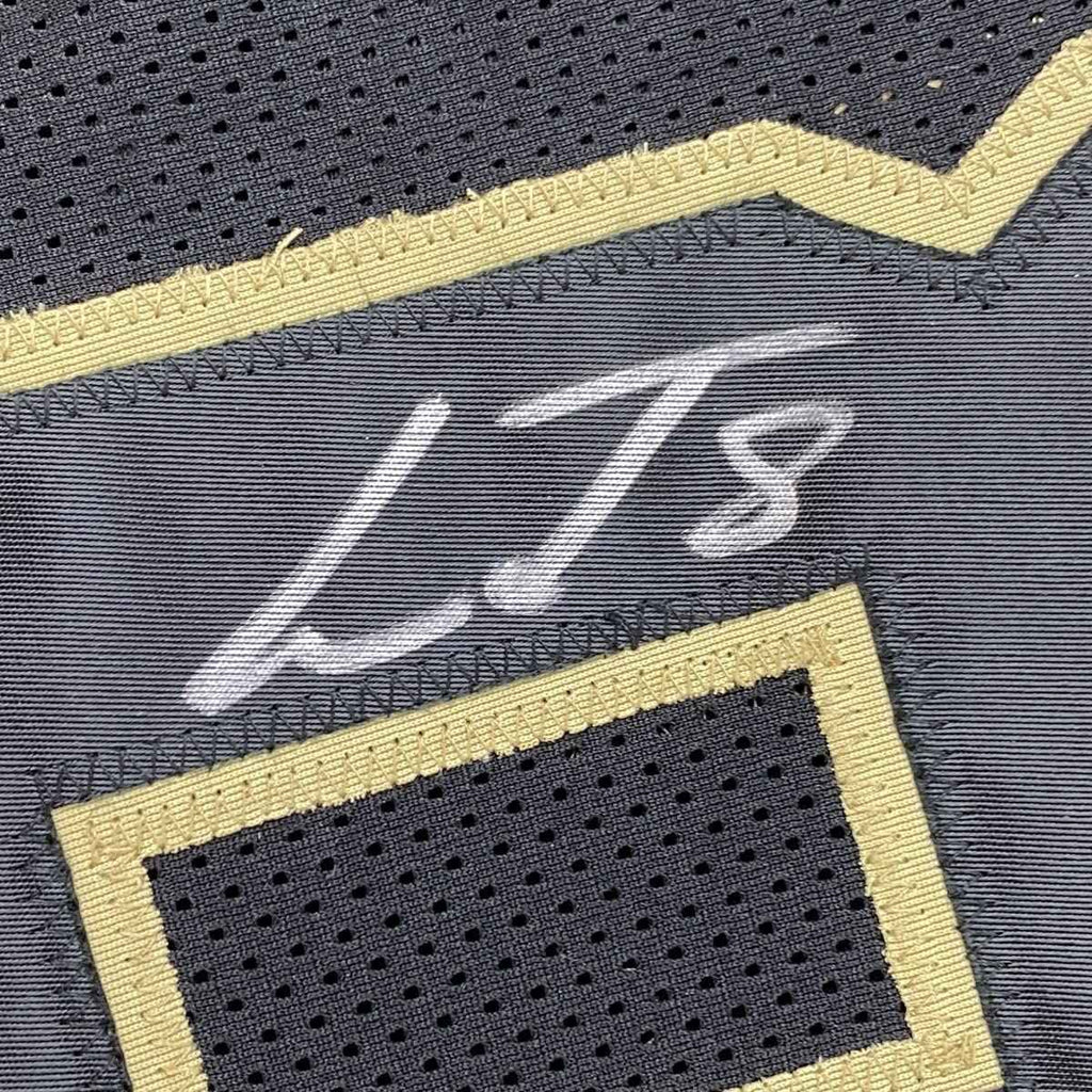 Framed Autographed/Signed Lamar Jackson 35x39 Baltimore Blackout Football Jersey JSA COA
