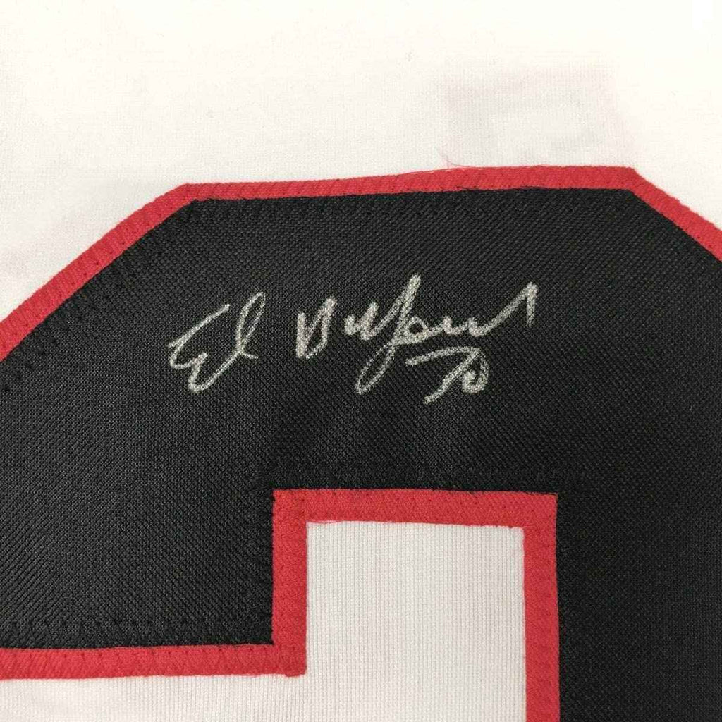 Framed Autographed/Signed Ed Belfour 35x39 Chicago White Hockey Jersey JSA COA