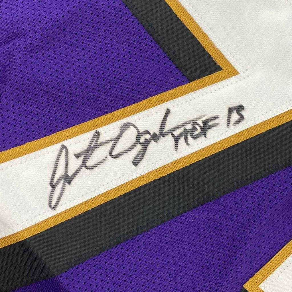 Framed Autographed/Signed Jonathan Ogden 35x39 HOF 13 Baltimore Purple Football Jersey JSA COA