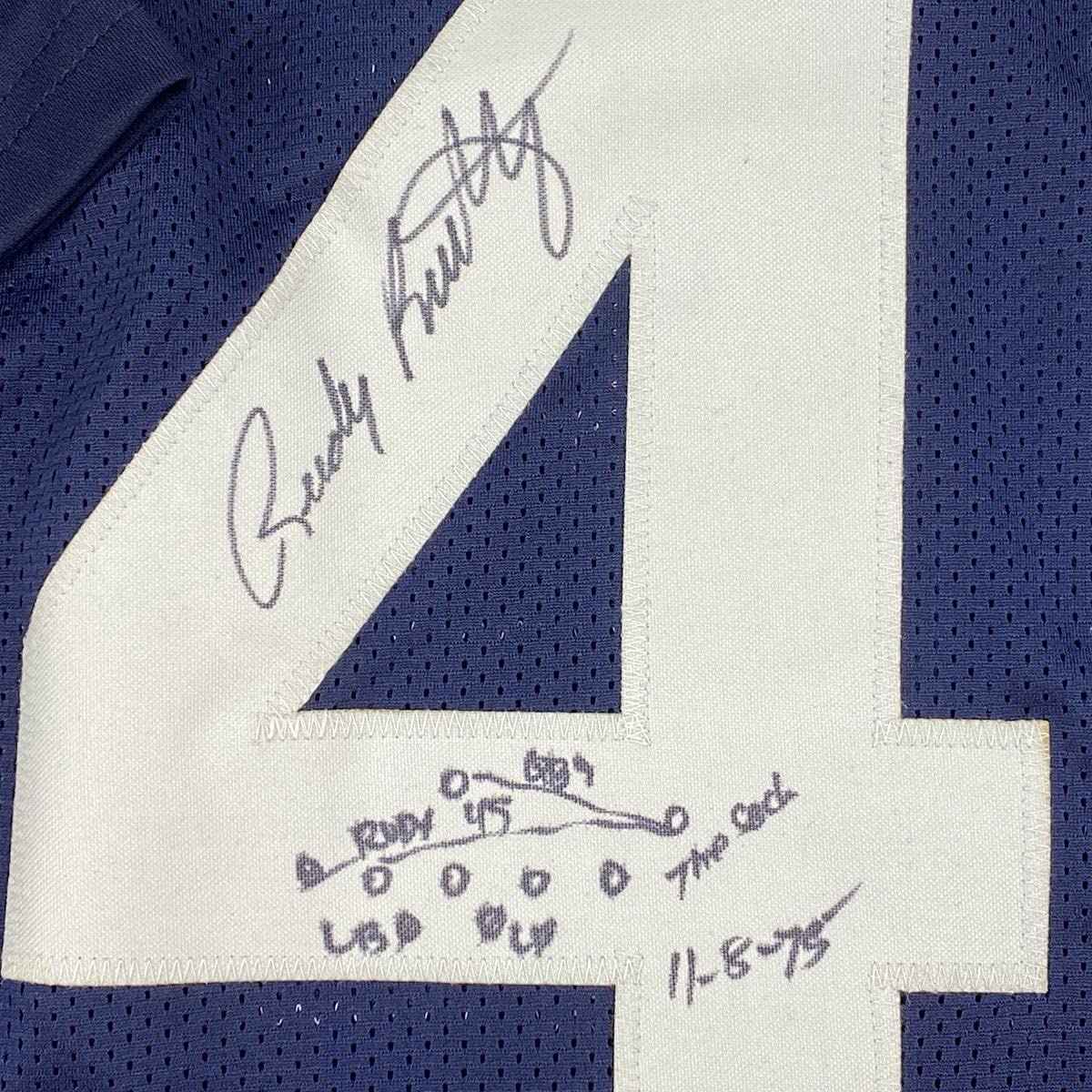 Framed Autographed/Signed Rudy Ruettiger 35x39 Hand Drawn Play Notre Dame Blue College Football Jersey JSA COA