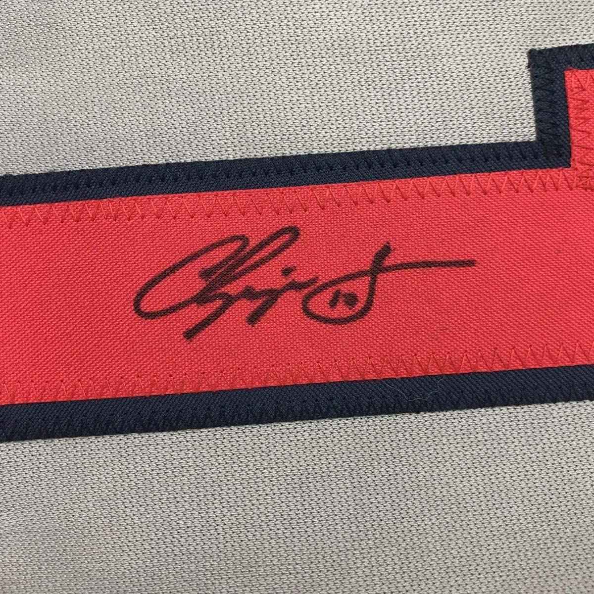 Framed Autographed/Signed Chipper Jones 35x39 Atlanta Grey Baseball Jersey JSA COA