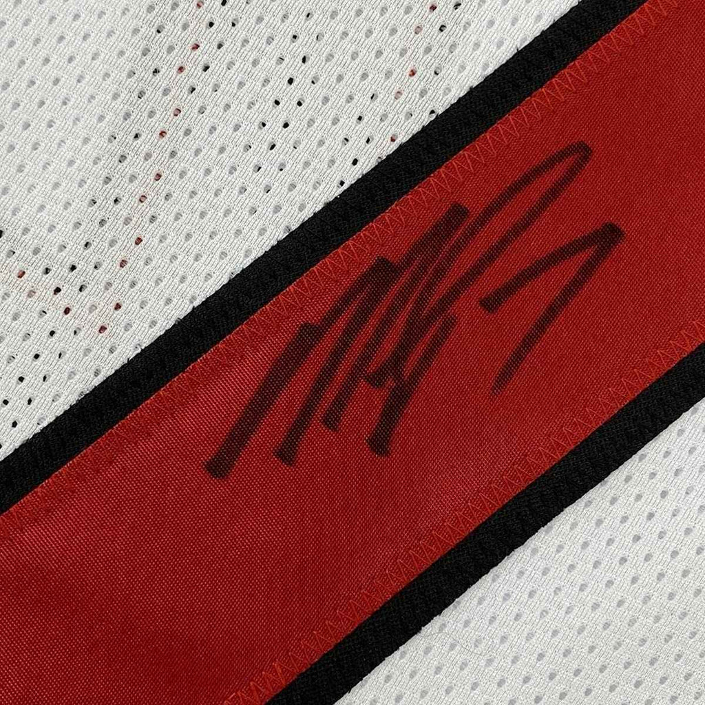 Framed Autographed/Signed Michael Mike Vick 35x39 Atlanta Retro White Football Jersey Beckett BAS COA