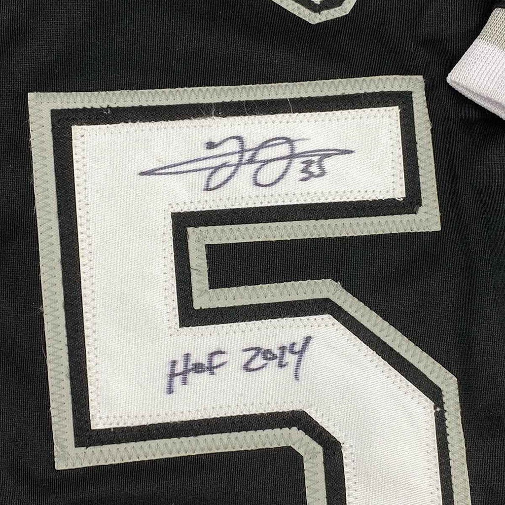 Framed Autographed/Signed Frank Thomas HOF 2014 35x39 Chicago Black Baseball Jersey JSA COA