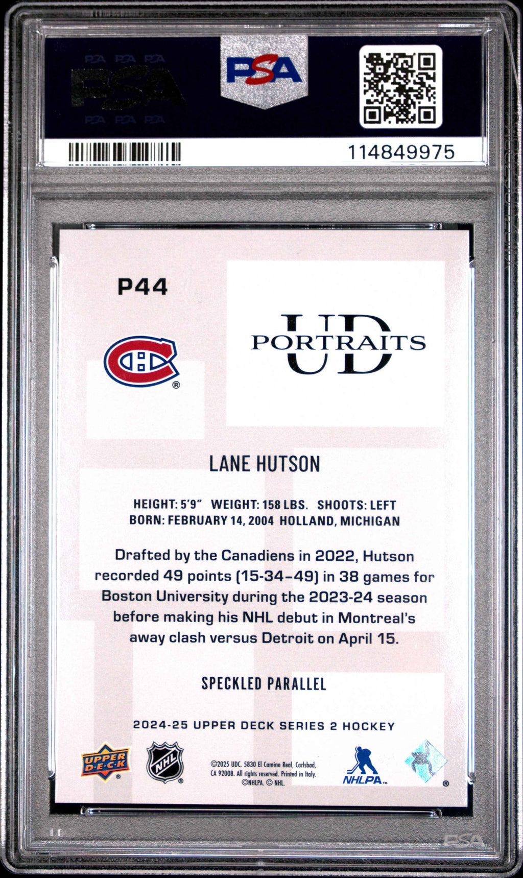 Graded 2024 Upper Deck Lane Hutson #P44 UD Portraits Speckle Rookie RC Hockey Card PSA 10 Gem Mint