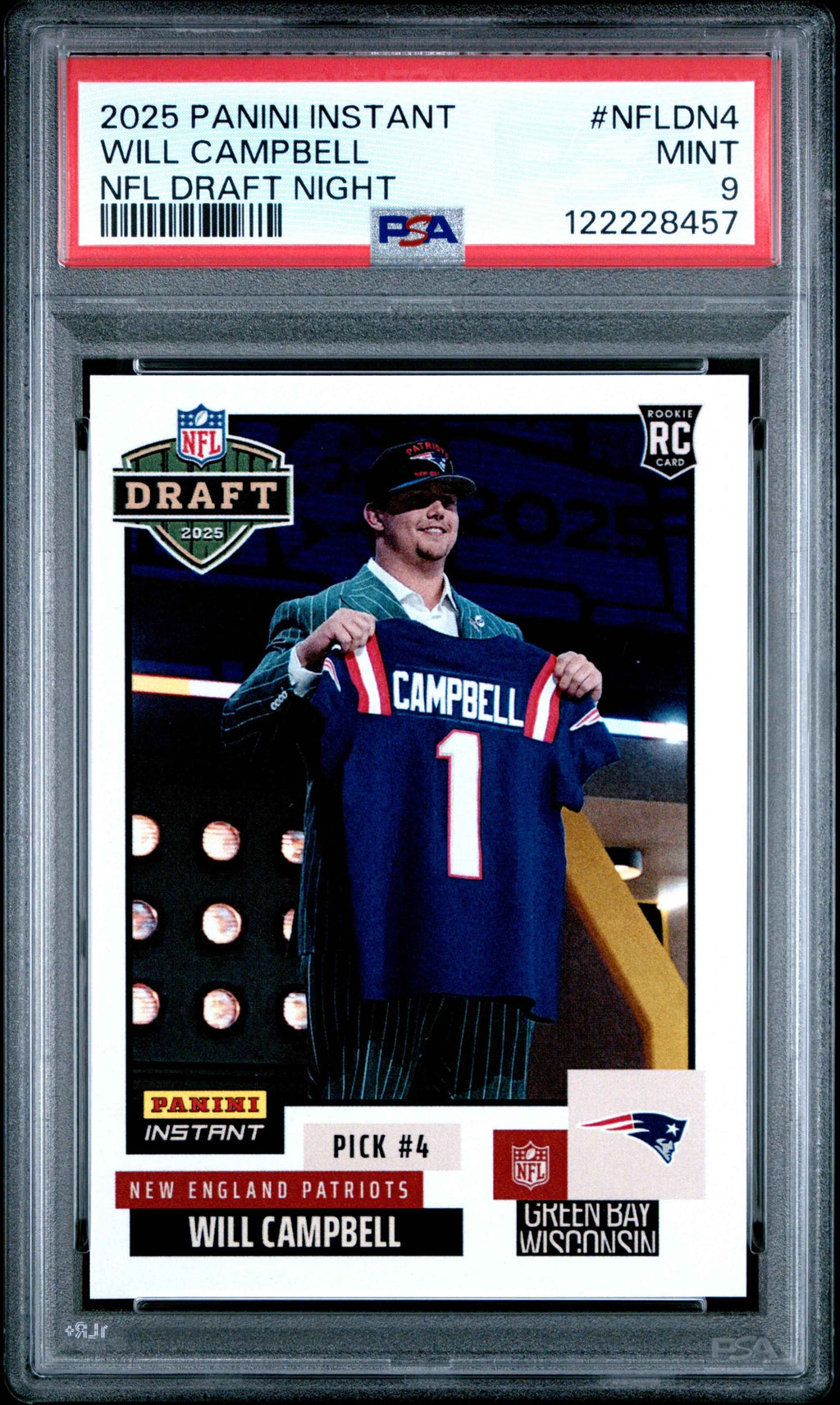 Graded 2025 Panini Instant Will Campbell #NFLDN4 NFL Draft Night Rookie RC Football Card PSA 9 Mint