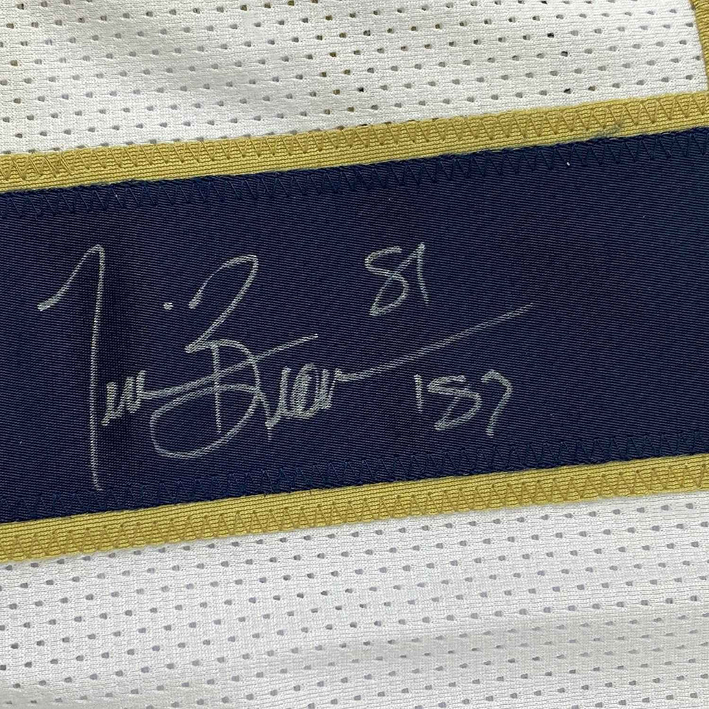 Framed Autographed/Signed Tim Brown 35x39 Notre Dame White College Football Jersey JSA COA