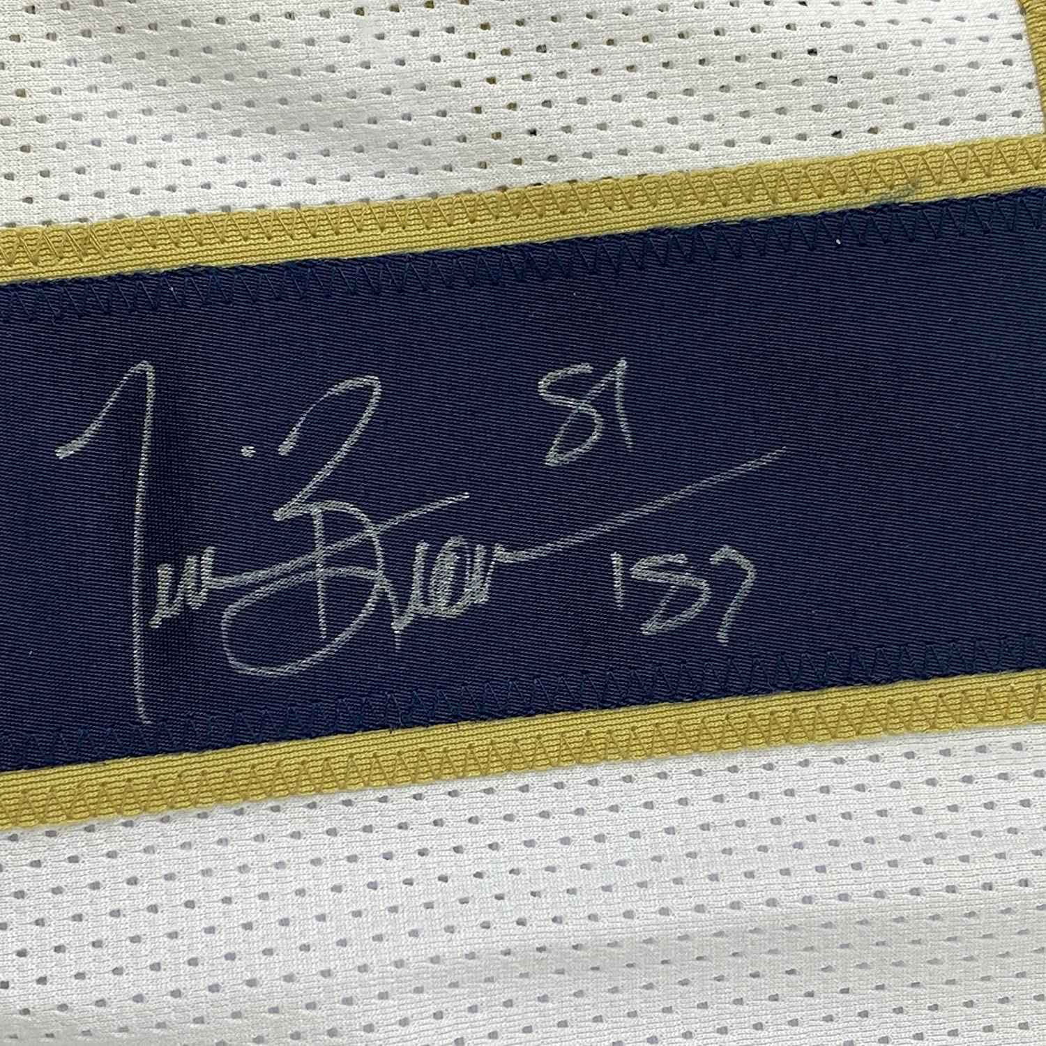 Framed Autographed/Signed Tim Brown 35x39 Notre Dame White College Football Jersey JSA COA