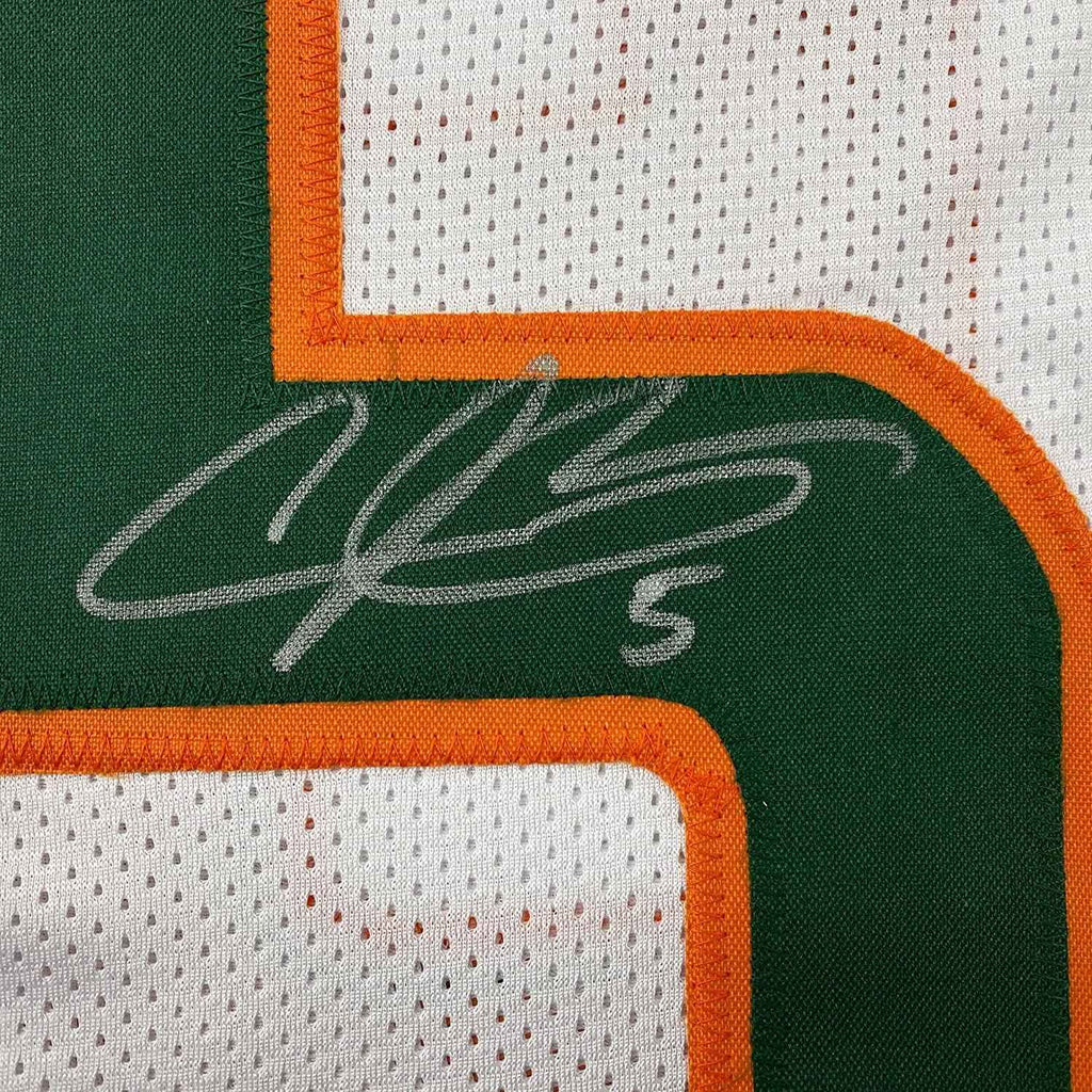 Framed Autographed/Signed Andre Johnson 35x39 Miami White College Football Jersey JSA COA
