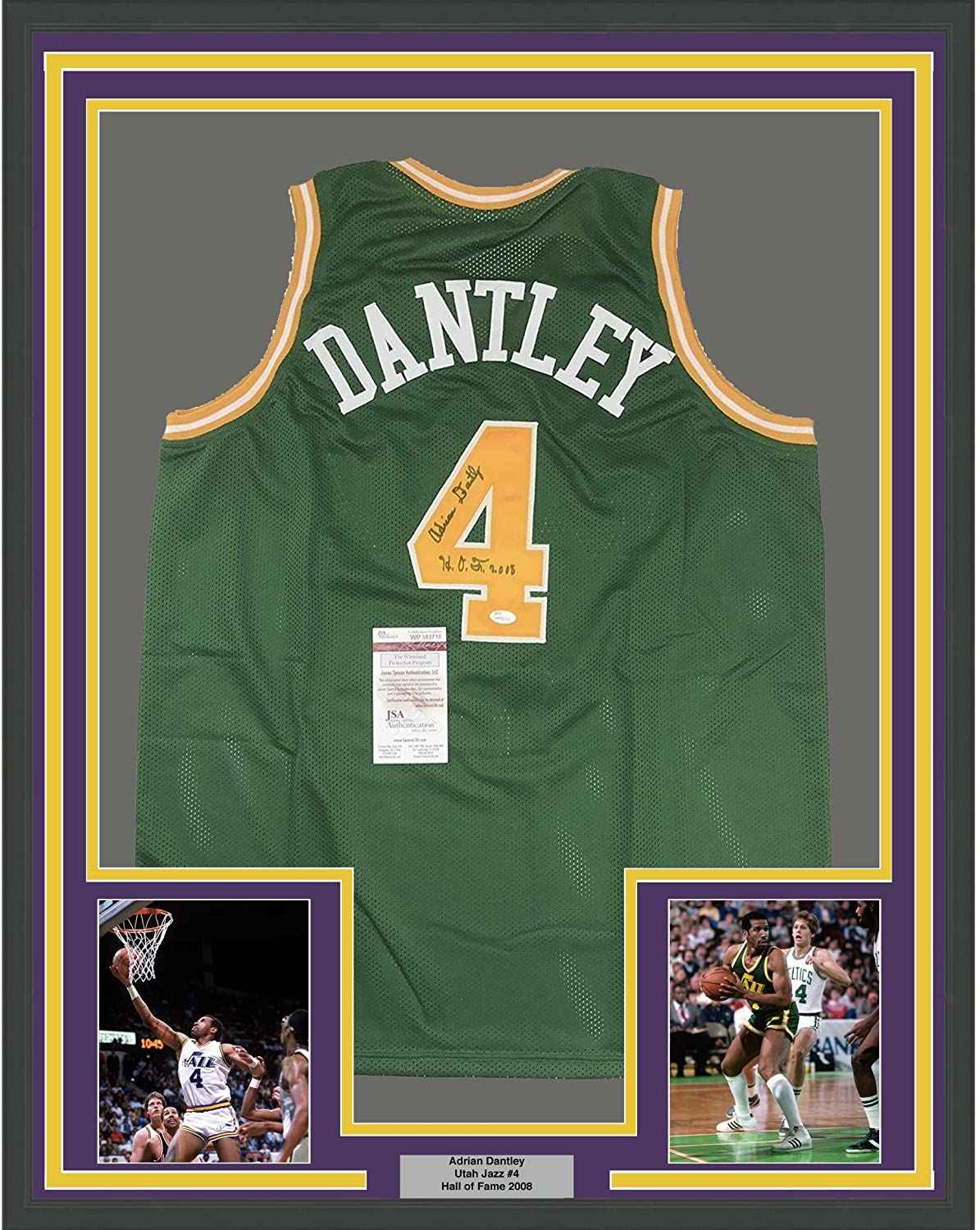 Framed Autographed/Signed Adrian Dantley HOF 2008  35x39 Utah Green Basketball Jersey JSA COA