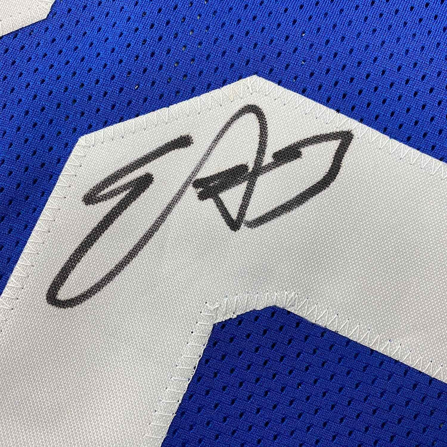 Framed Autographed/Signed Edgerrin James 35x39 Indianapolis Blue Football Jersey JSA COA