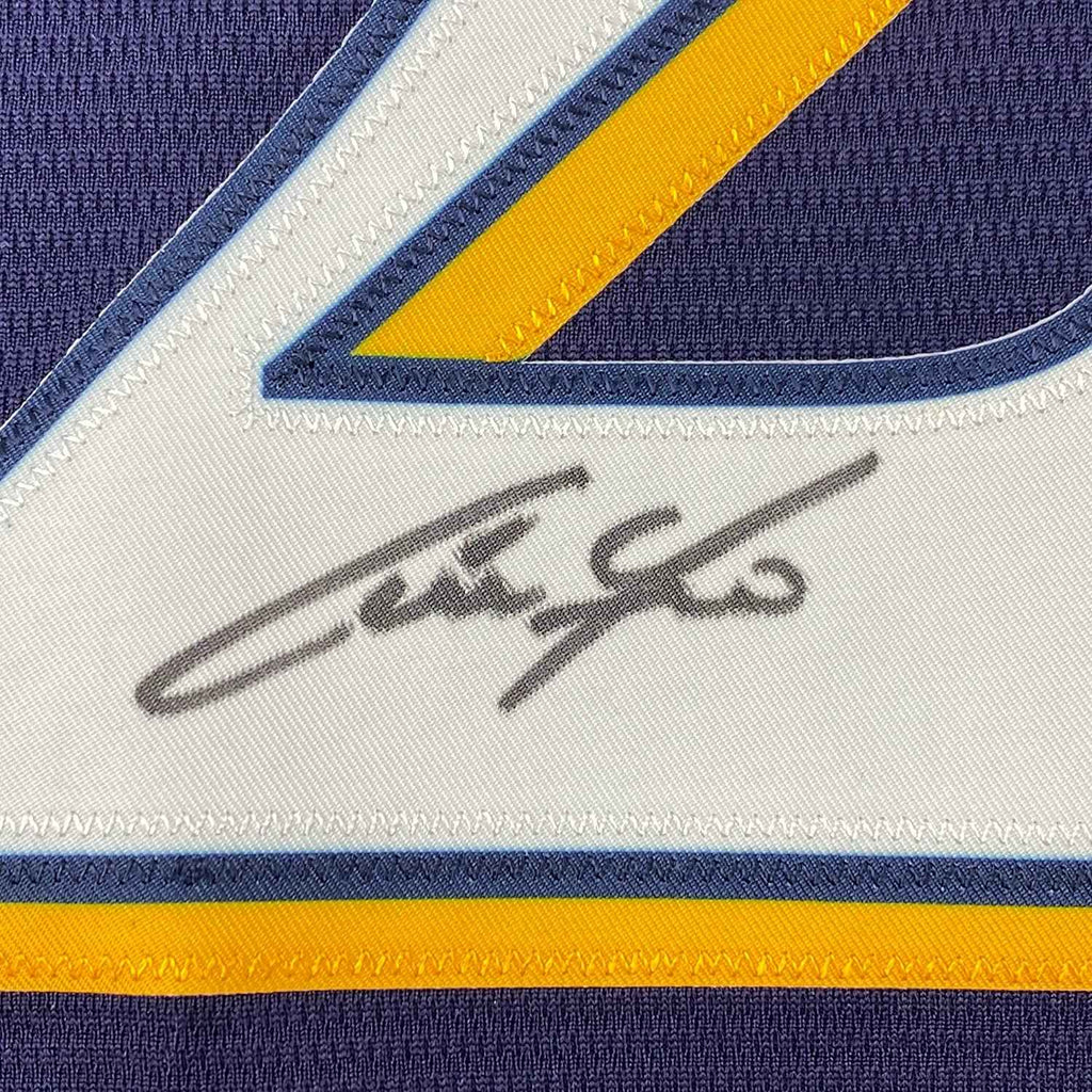 Framed Autographed/Signed Christian Yelich 35x39 18 NL MVP Milwaukee Brewers Blue Cool Base Baseball Jersey JSA COA