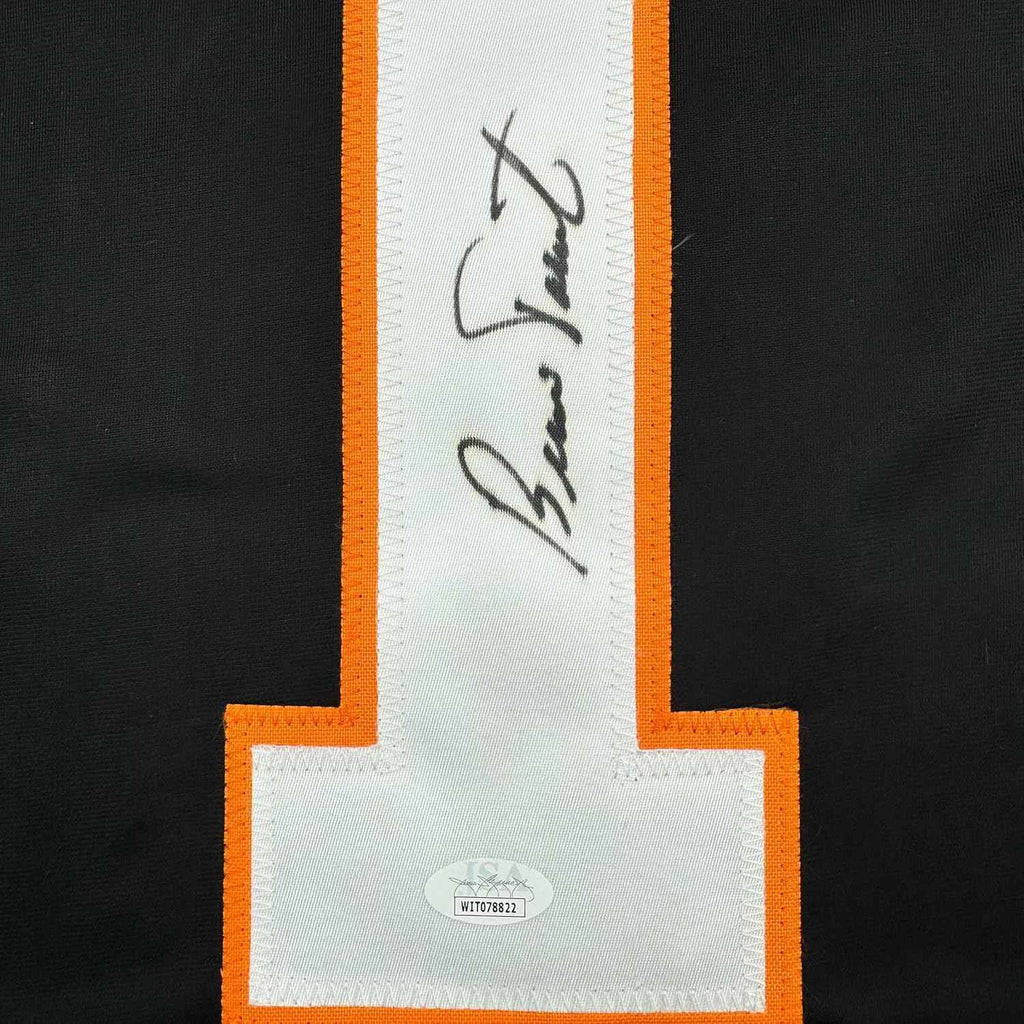 Framed Autographed/Signed Bernie Parent 35x39 Philadelphia Black Hockey Jersey JSA COA