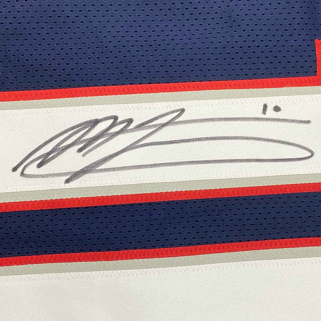 Framed Autographed/Signed Mac Jones 35x39 New England Blue Football Jersey Beckett BAS COA