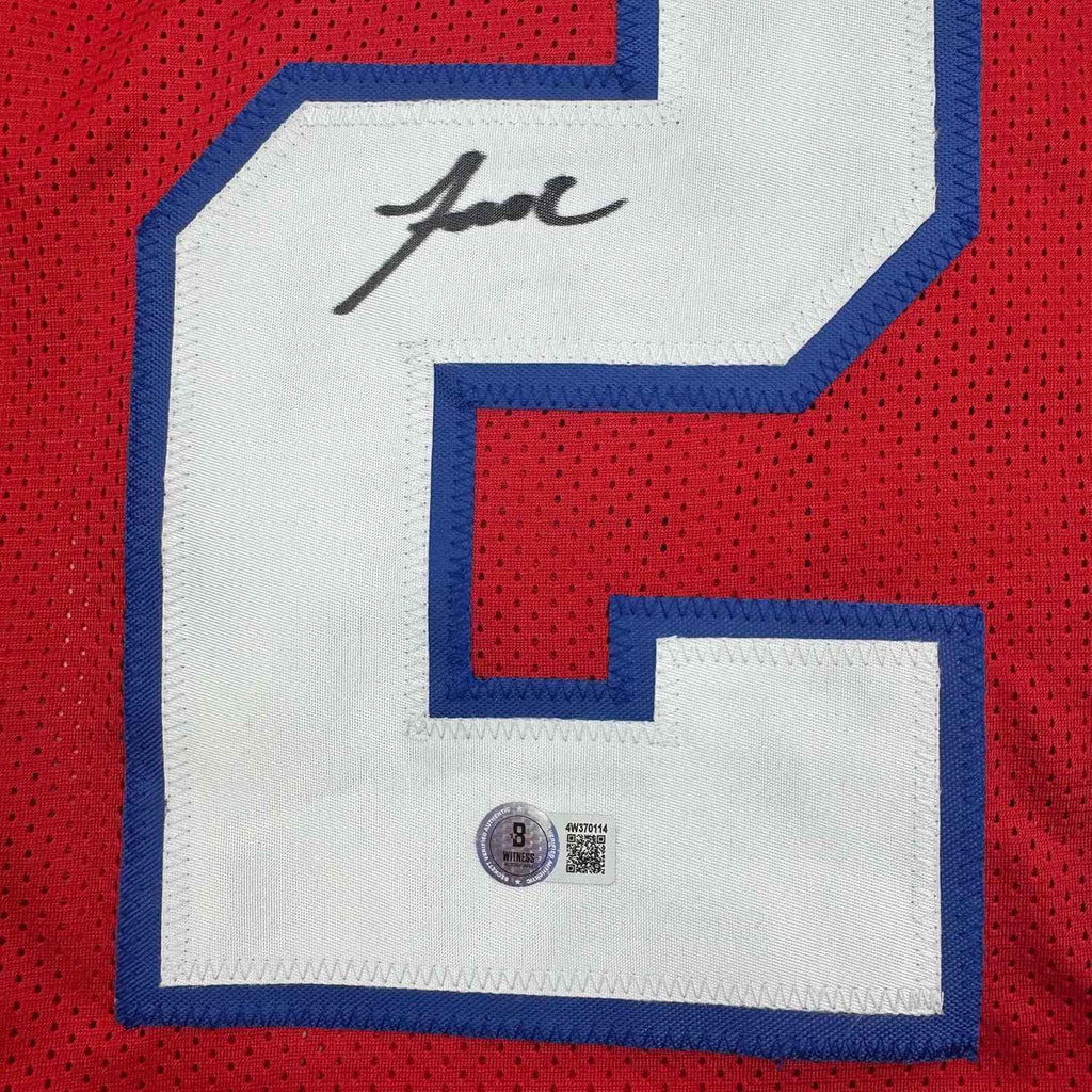 Framed Autographed/Signed Jaylinn Hawkins 35x39 New England Red Football Jersey Beckett BAS COA