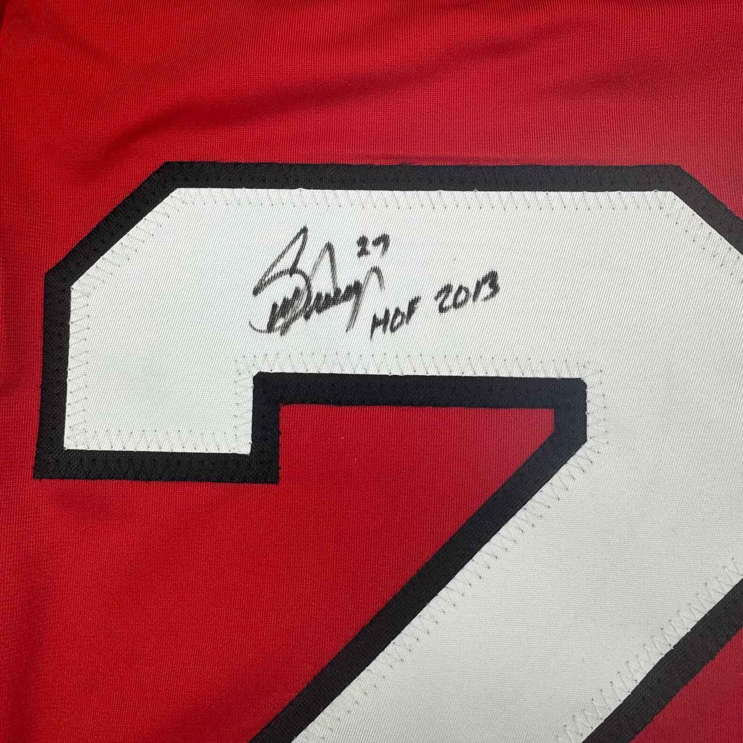 Framed Autographed/Signed Scott Niedermayer "HOF 2013" 35x39 New Jersey Red Hockey Jersey JSA COA