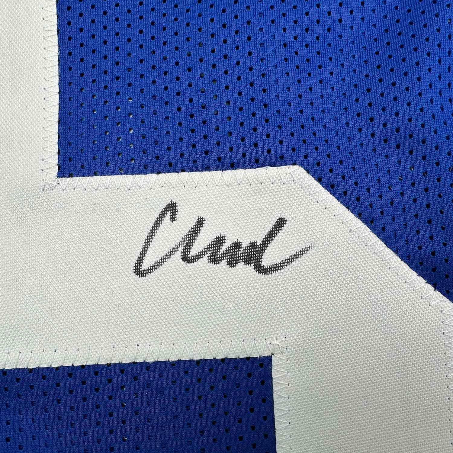 Framed Autographed/Signed Abdul Carter 35x39 New York Blue Football Jersey Beckett BAS COA