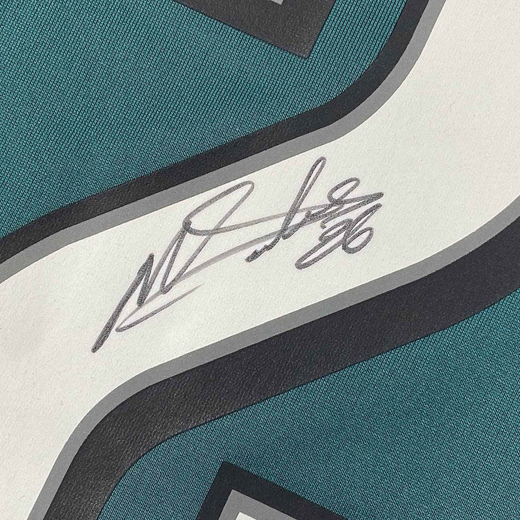 Framed Autographed/Signed Miles Sanders 35x39 Philadelphia Eagles Green Authentic Football Jersey JSA COA