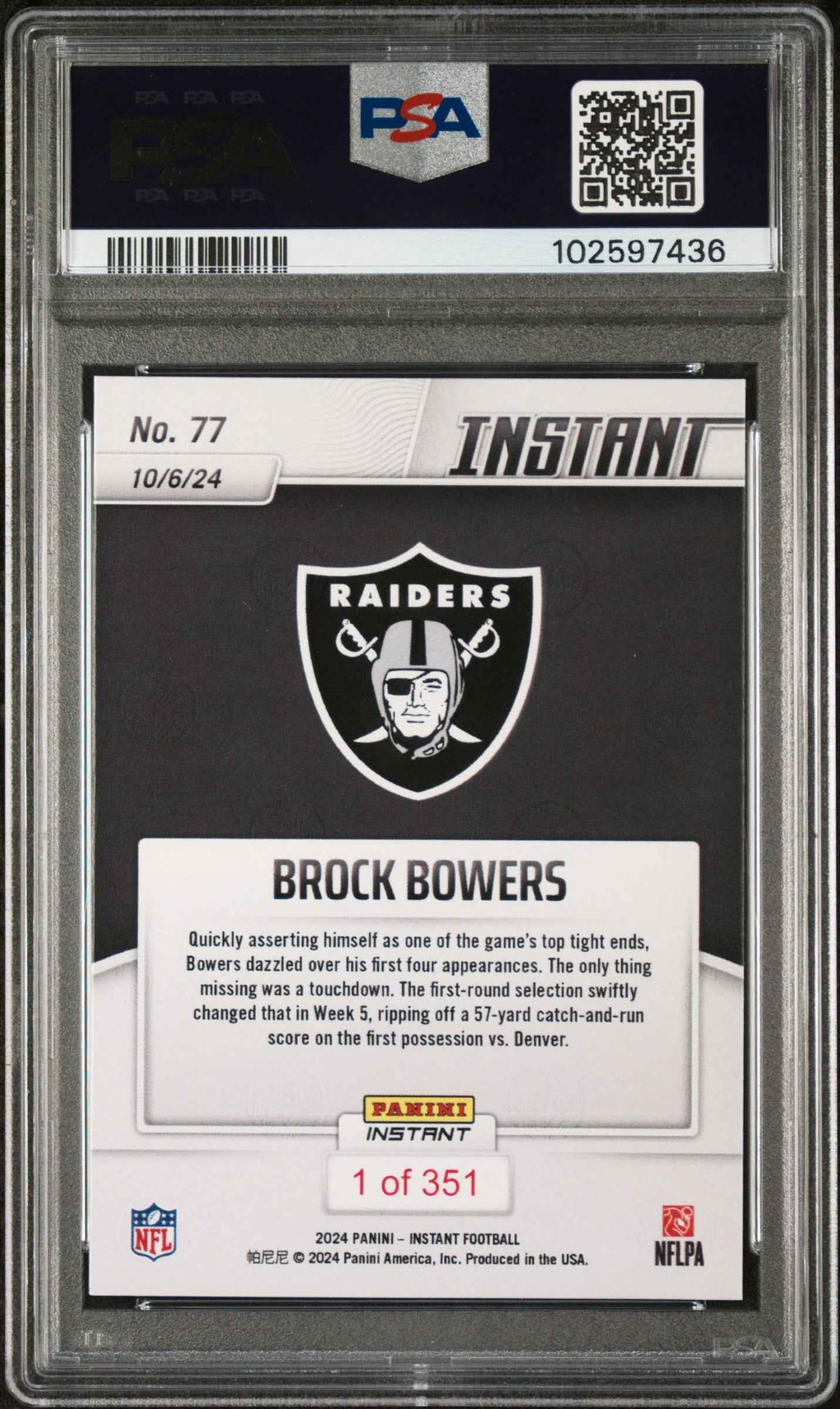 Graded 2024 Panini Instant NFL Brock Bowers #77 Rookie RC Football Card PSA 10 Gem Mint