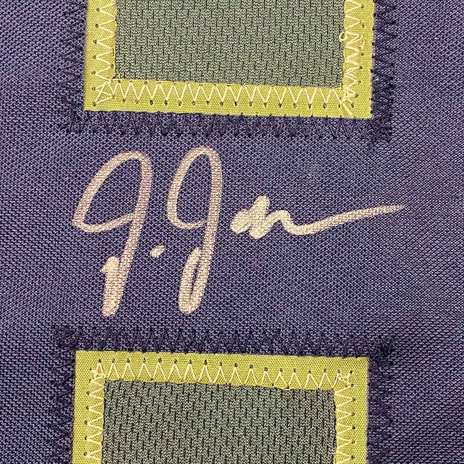 Framed Autographed/Signed Justin Jefferson 35x39 Green Salute To Service Football Jersey JSA COA