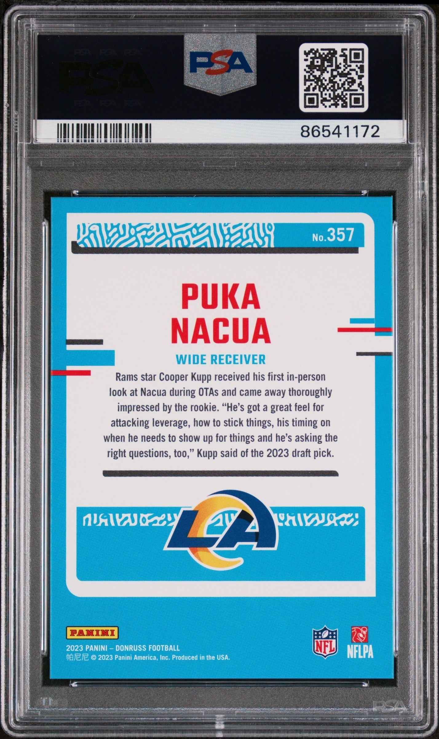 Graded 2023 Panini Donruss Rated Rookie Puka Nacua #357 Rookie RC Football Card PSA 7 NM