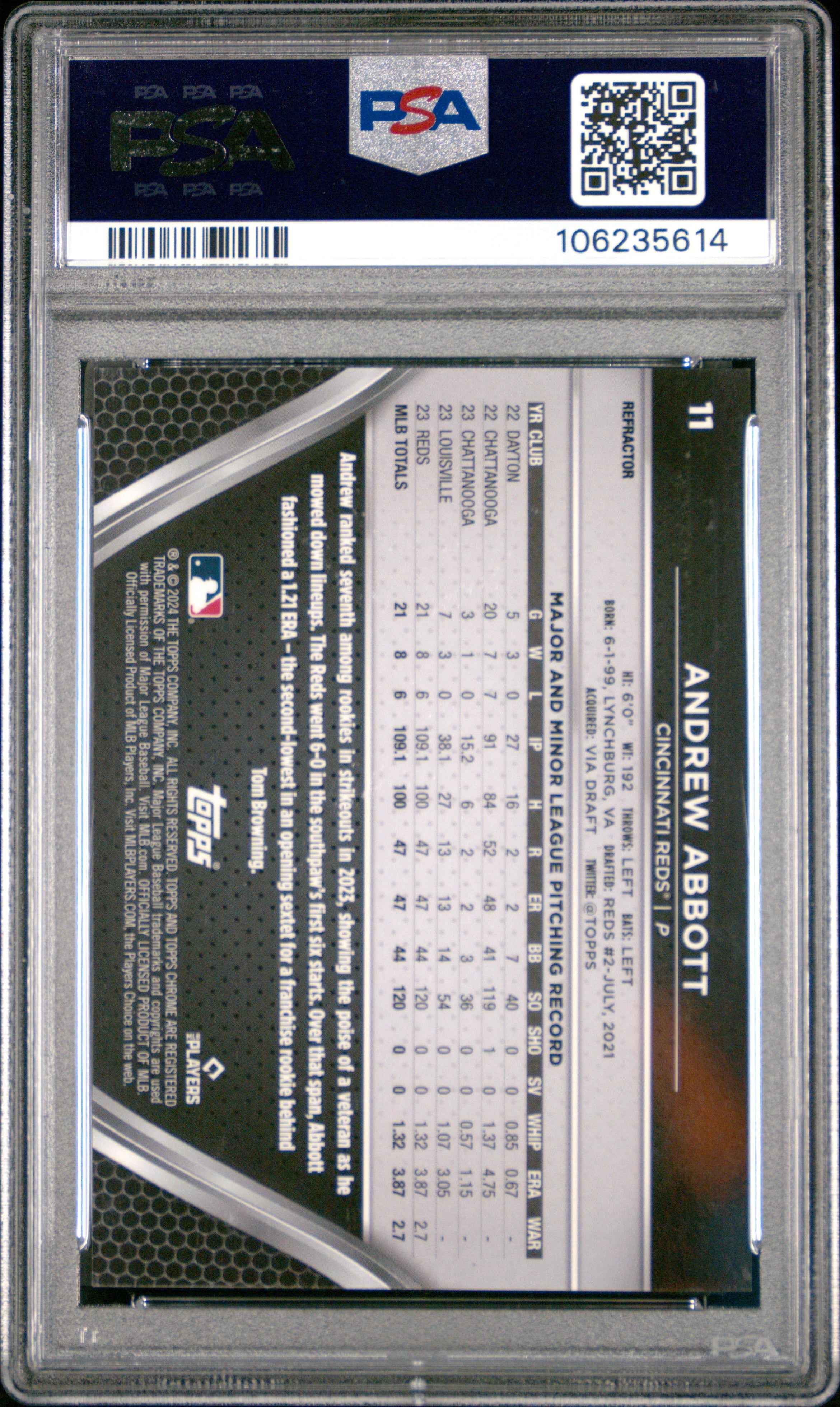 Graded 2024 Topps Chrome Black Andrew Abbott #11 Refractor /199 Rookie RC Baseball Card PSA 10 Gem Mint