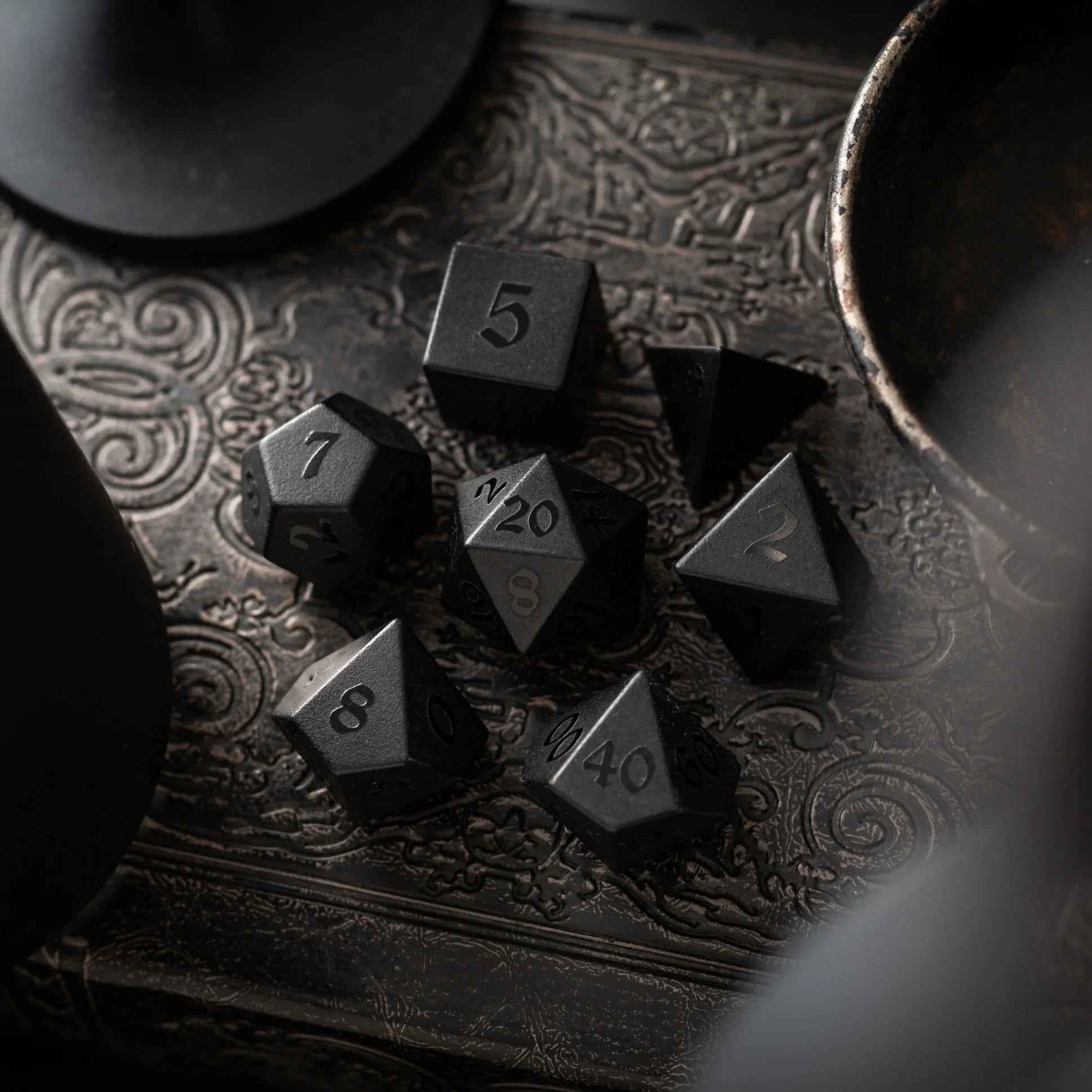 Gemstone Black Night Raised Obsidian Hand Carved DND Dice Set