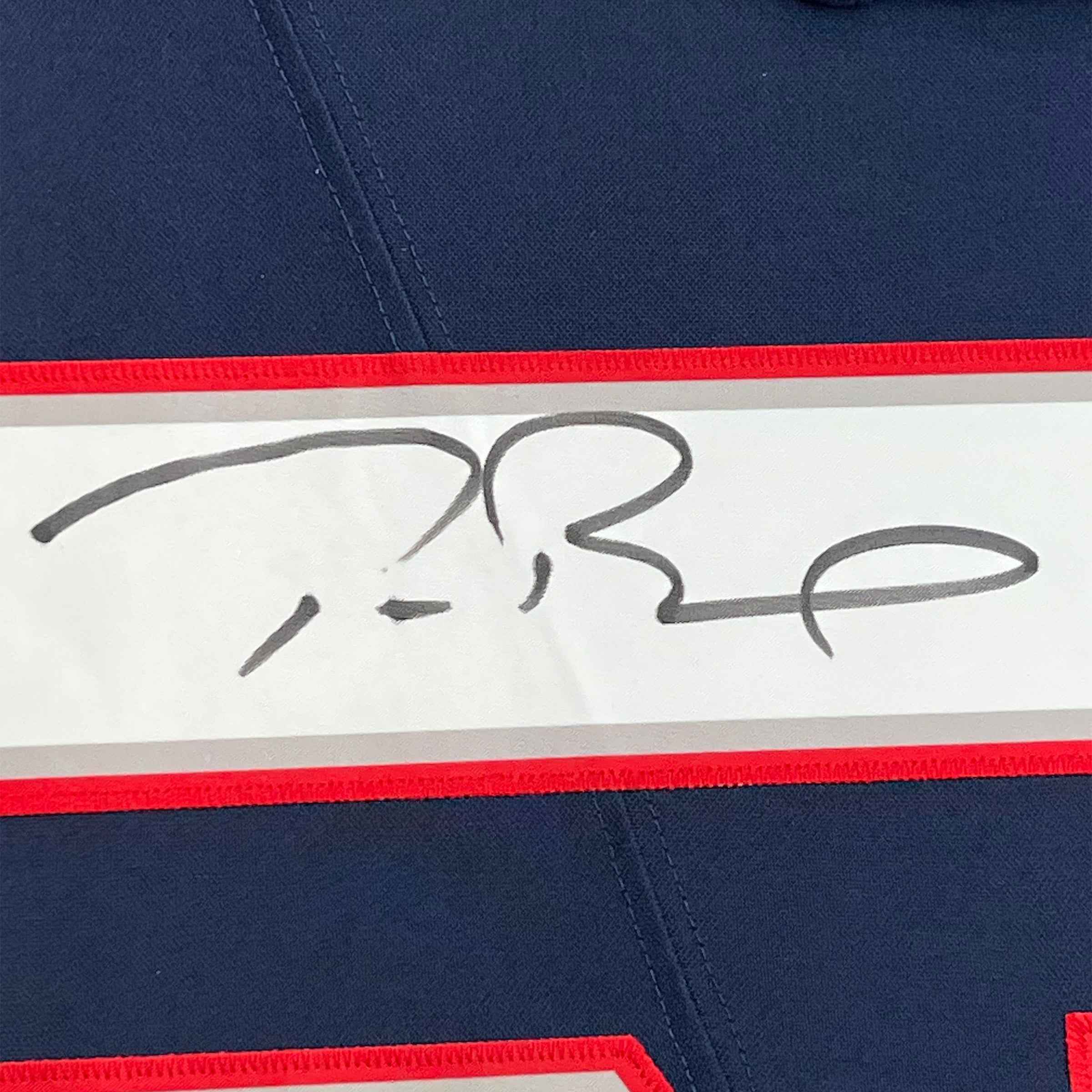 Framed Autographed/Signed Tom Brady 35x39 New England Patriots Blue Authentic Nike Limited Football Jersey Fanatics COA/LOA