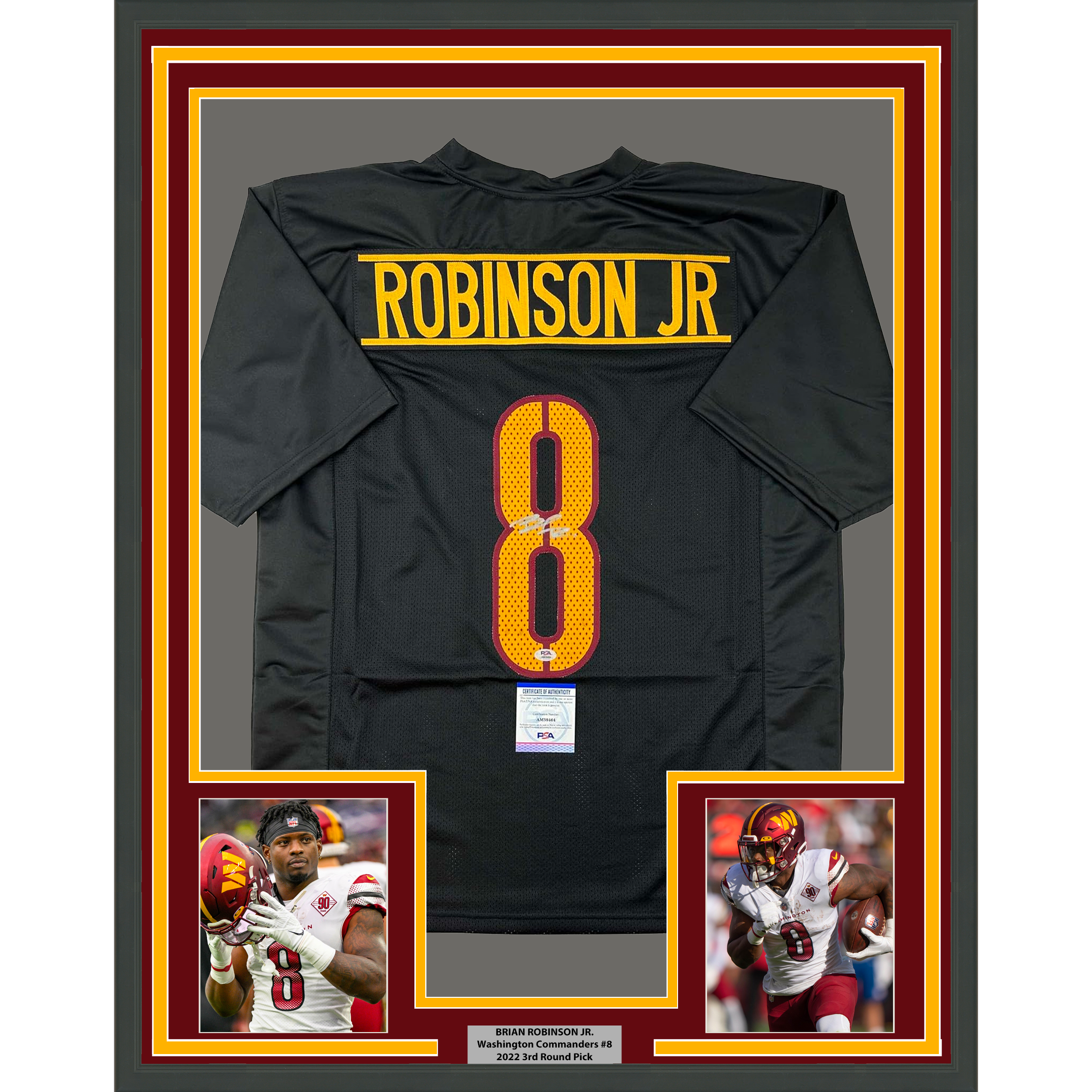 Framed Autographed/Signed Brian Robinson Jr. 35x39 Washington Black Football Jersey PSA/DNA COA