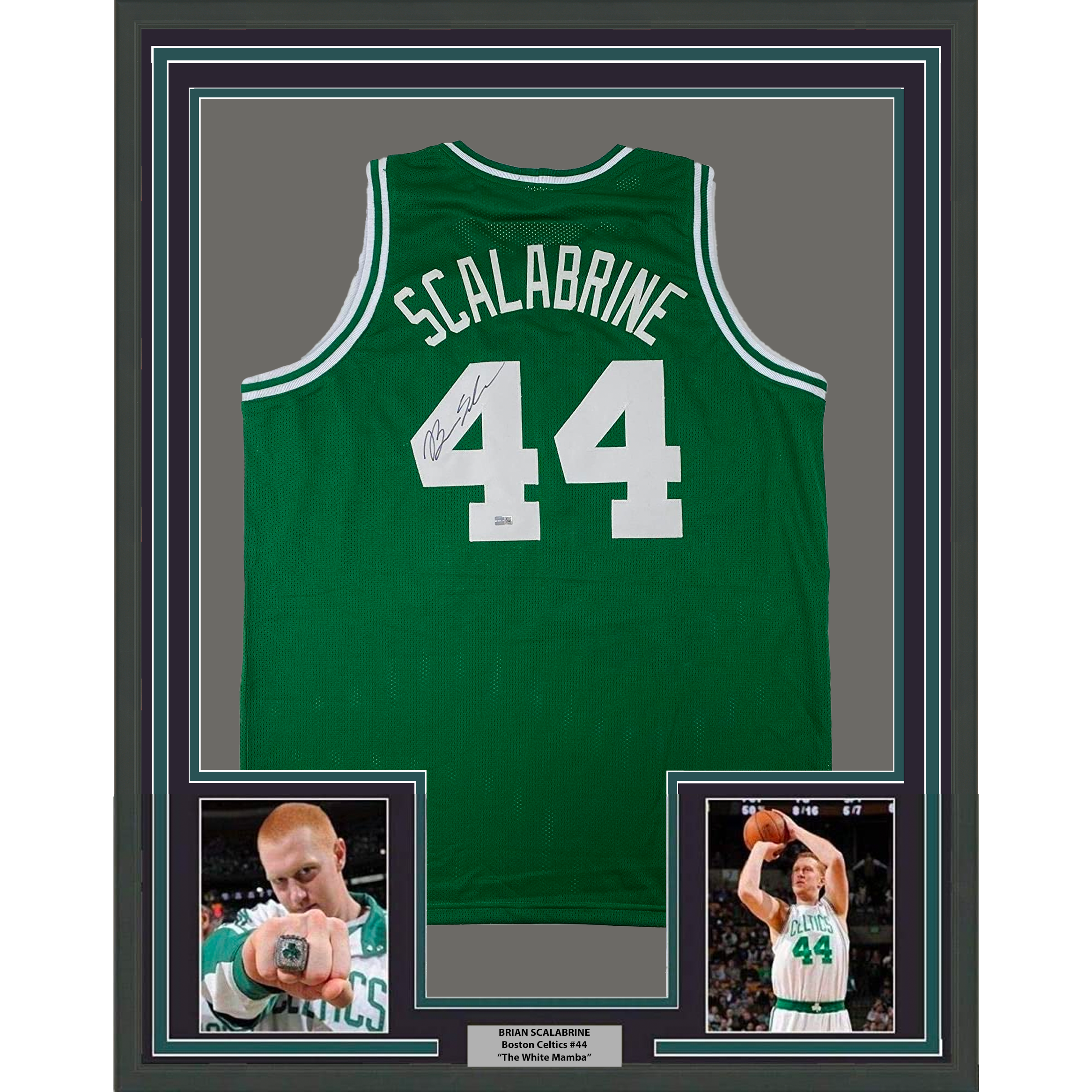 Framed Autographed/Signed Brian Scalabrine 35x39 Boston Green Basketball Jersey Steiner COA