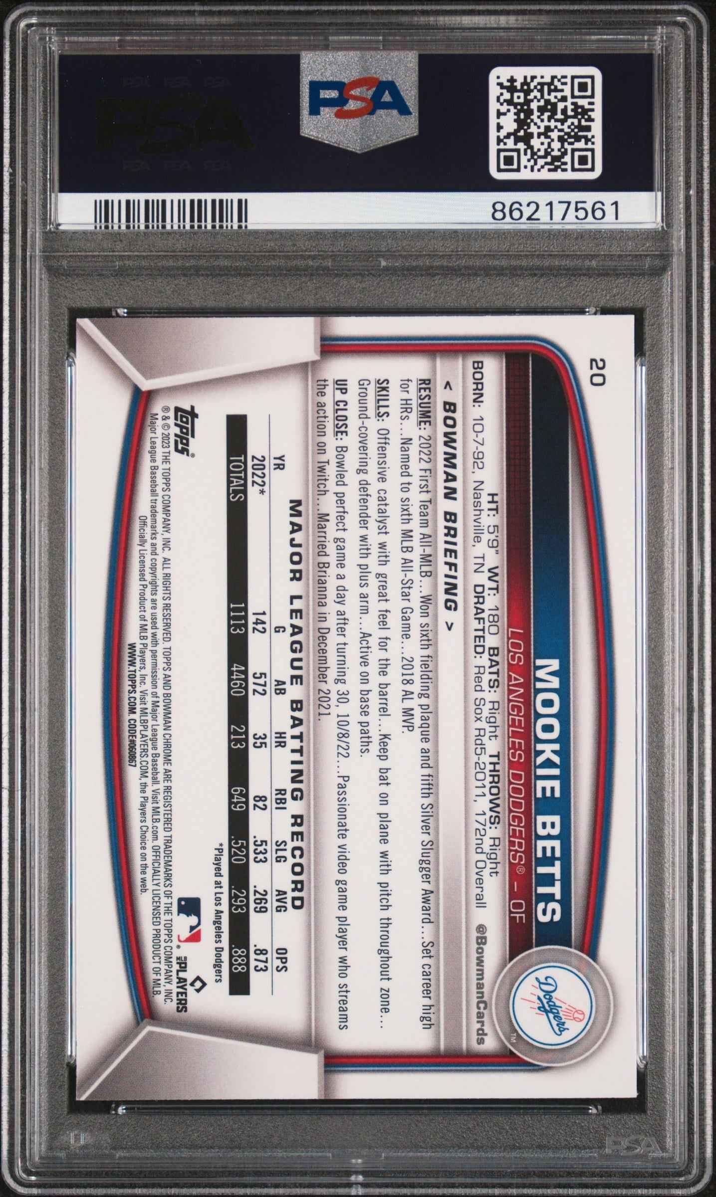 Graded 2023 Topps Bowman Mega Box Mookie Betts #20 Chrome Baseball Card PSA 10 Gem Mint