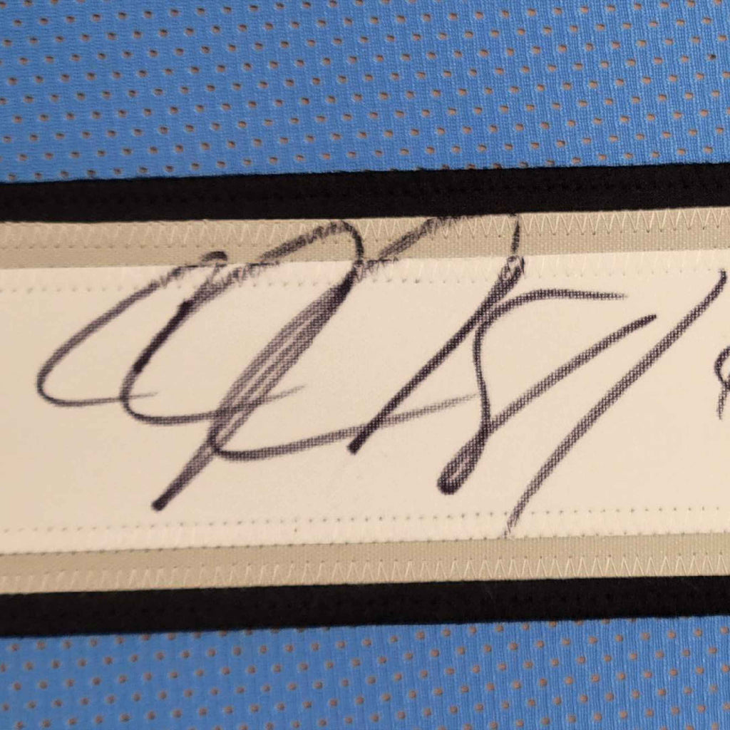 Framed Autographed/Signed Calvin Johnson 35x39 HOF 21 Detroit Blue Football Jersey JSA COA