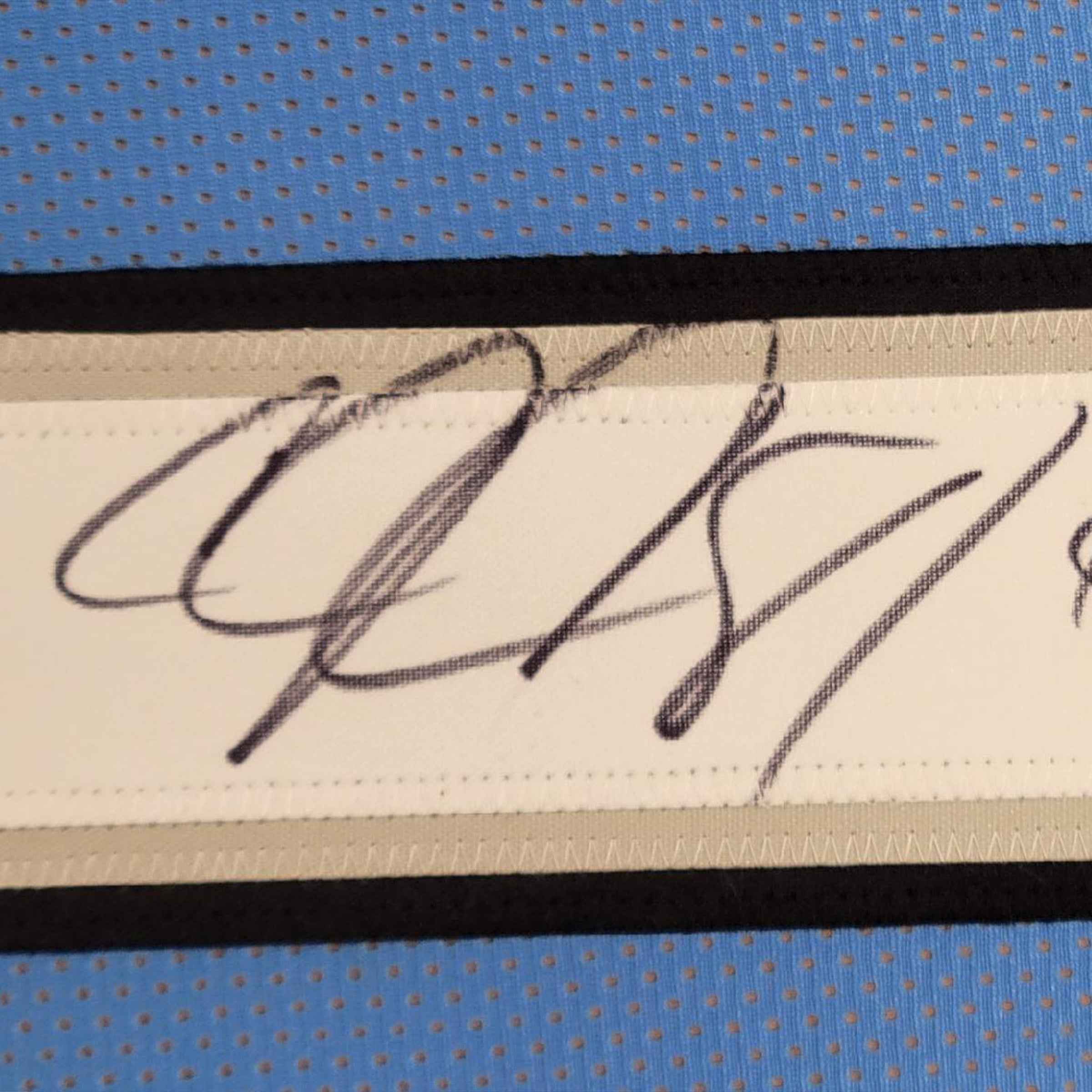 Framed Autographed/Signed Calvin Johnson 35x39 HOF 21 Detroit Blue Football Jersey JSA COA