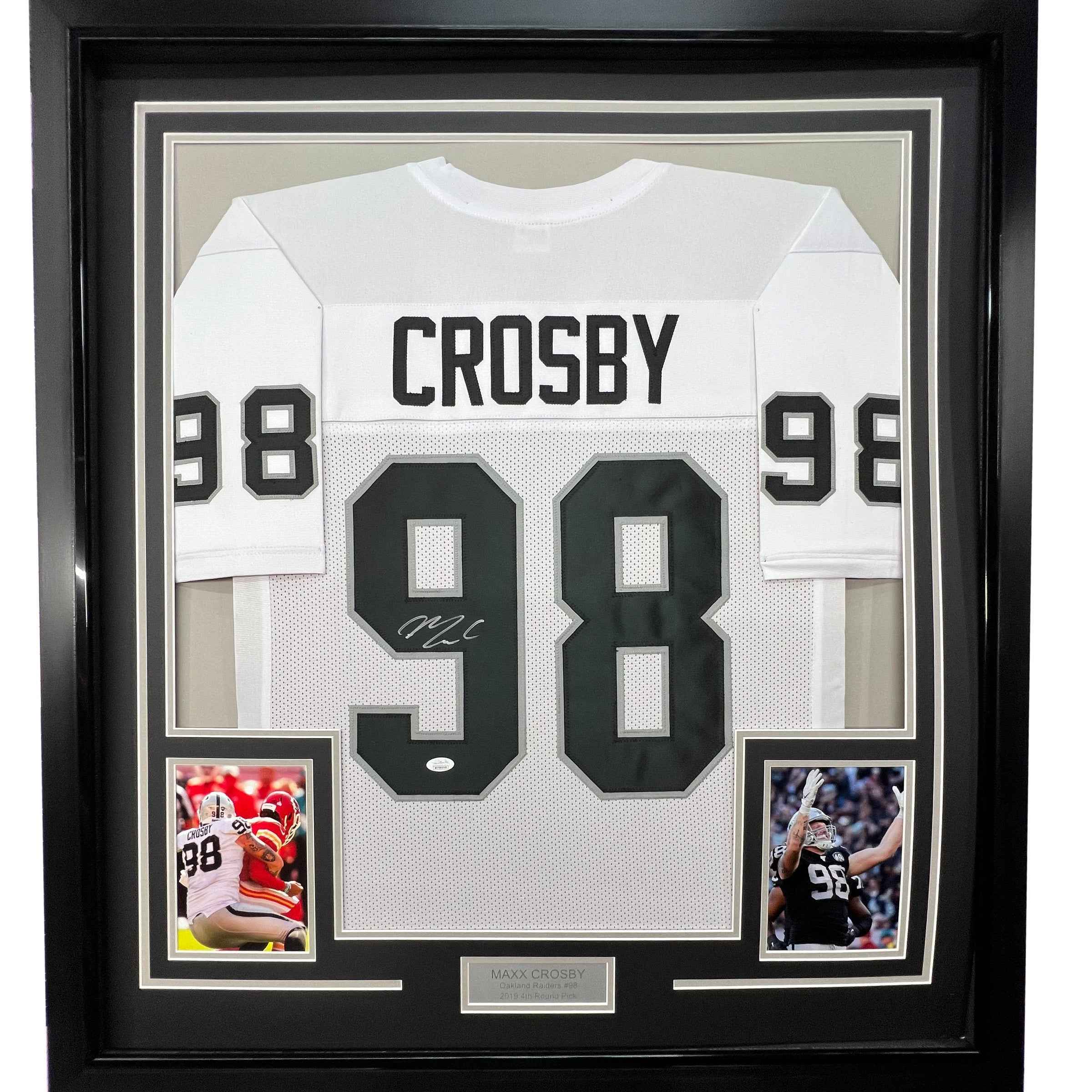 Framed Autographed/Signed Maxx Crosby 35x39 Las Vegas Oakland White Football Jersey Beckett BAS COA
