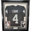 Framed Autographed/Signed Derek Carr 35x39 Las Vegas Oakland Black Football Jersey JSA COA