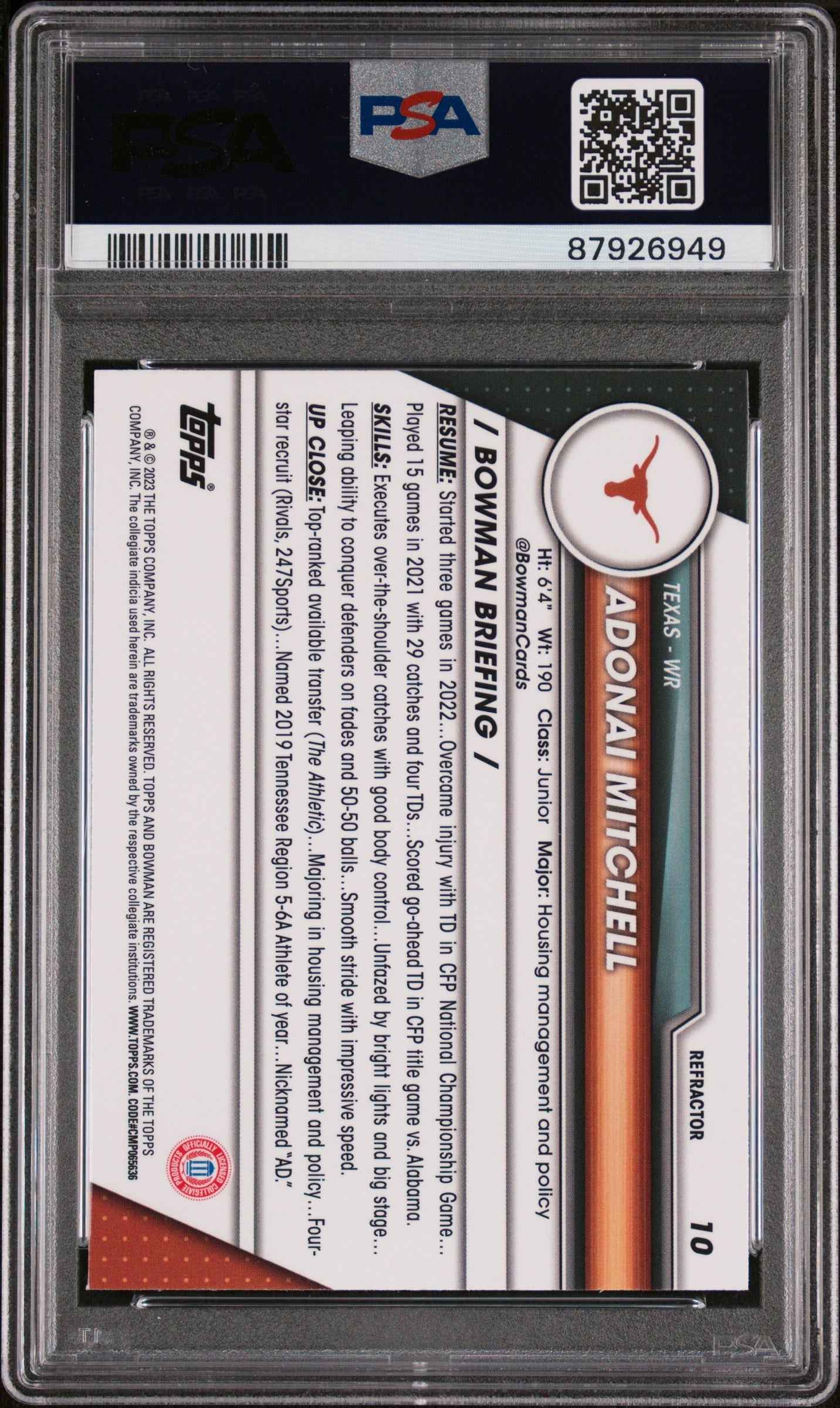 Graded 2023 Topps Bowman U Chrome Adonai Mitchell #10 Refractor Rookie RC Football Card PSA 10 Gem Mint