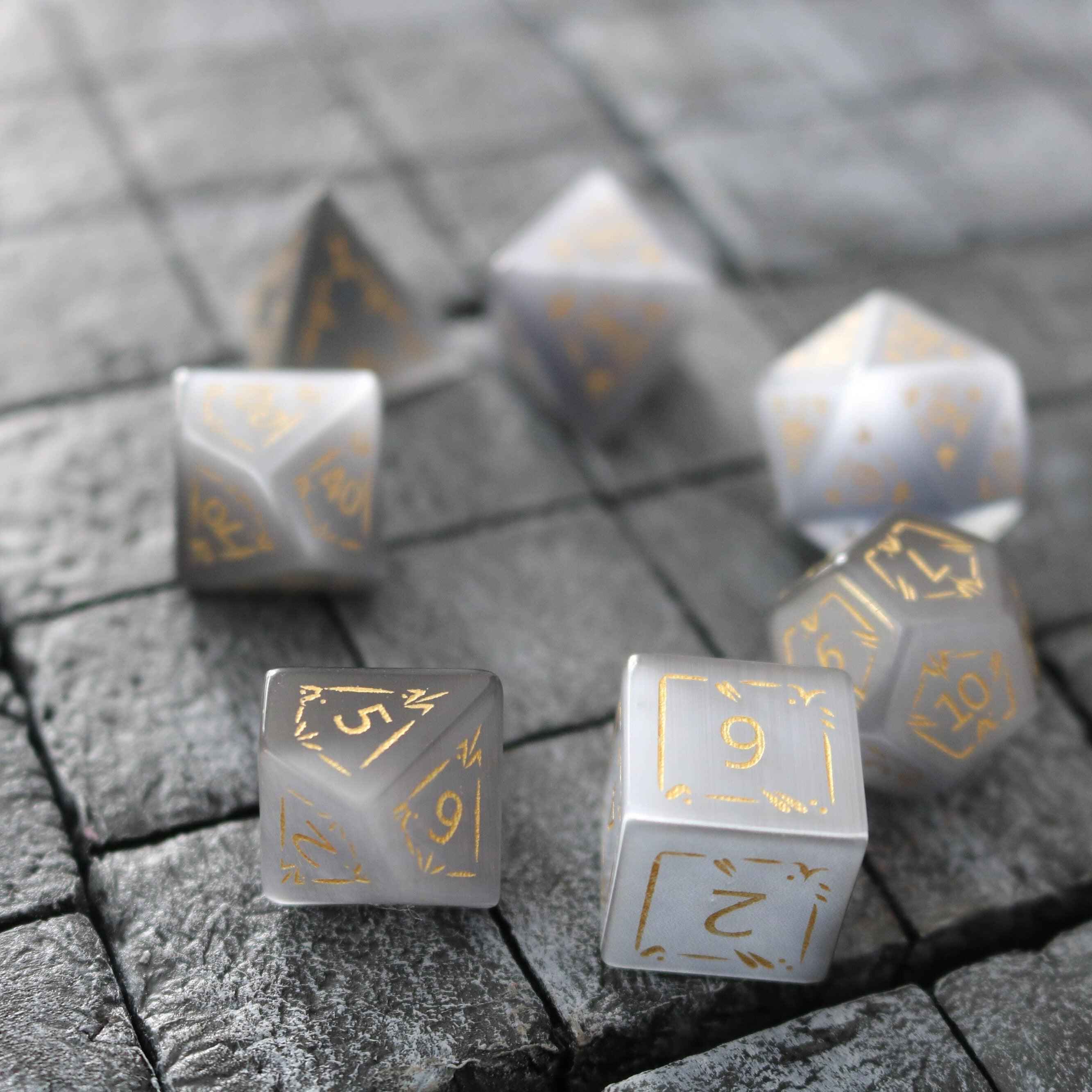 Dragon Shield Gray Cats Eye Gemstone DND Dice Set