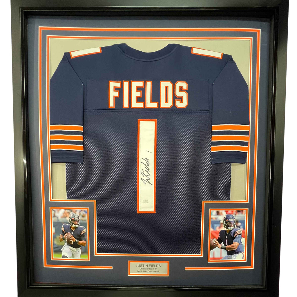 Framed Autographed/Signed Justin Fields 35x39 Chicago Blue Football Jersey JSA COA