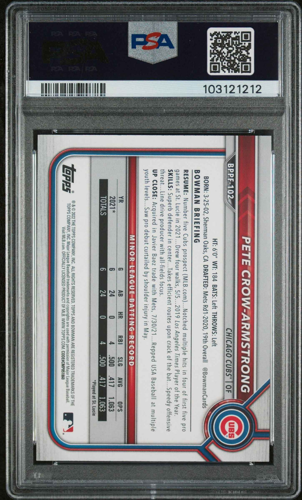 Graded 2022 Topps Bowman 1st Edition Pete Crow Armstrong #BPPF102 Sky Blue Foil Rookie RC Baseball Card PSA 10 Gem Mint