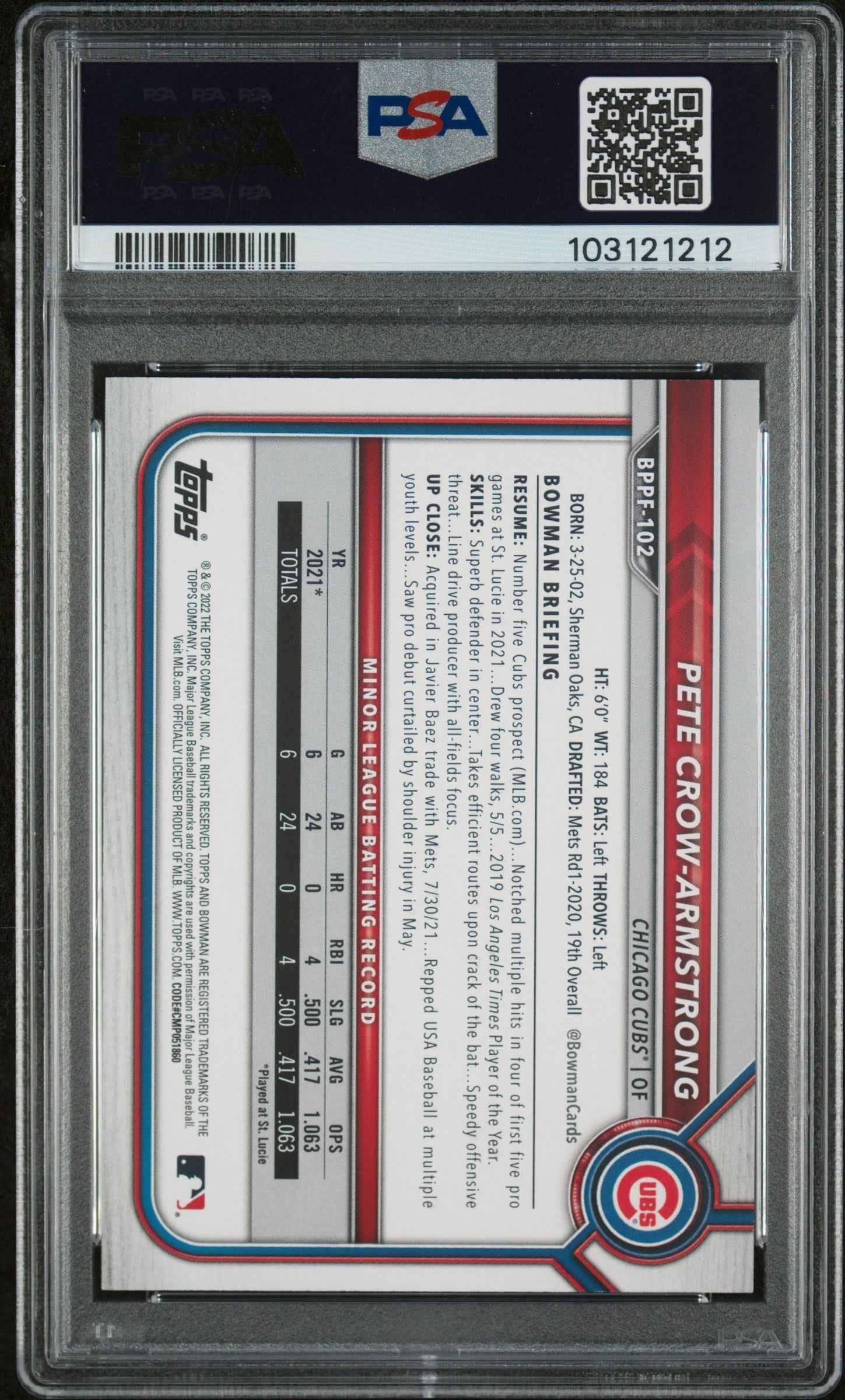 Graded 2022 Topps Bowman 1st Edition Pete Crow Armstrong #BPPF102 Sky Blue Foil Rookie RC Baseball Card PSA 10 Gem Mint