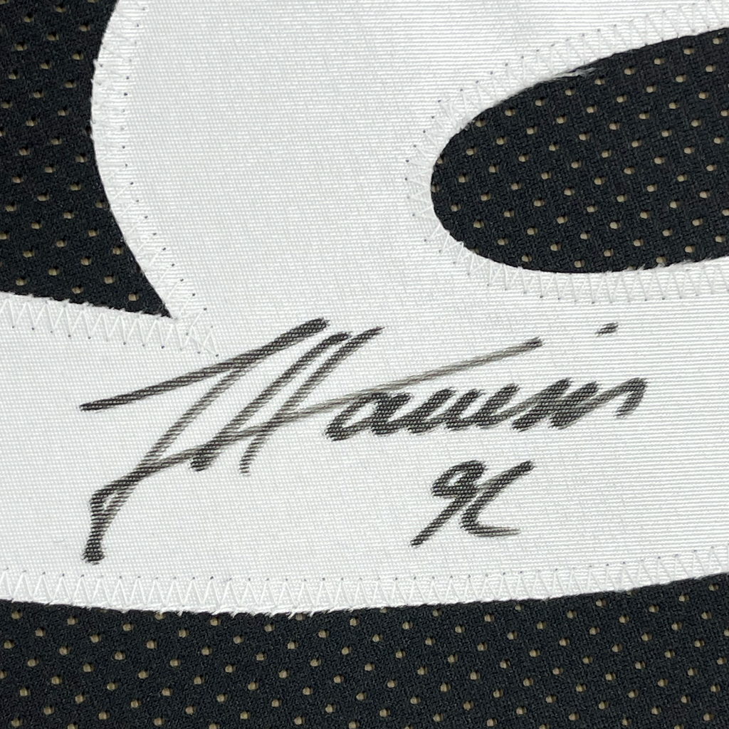 Framed Autographed/Signed James Harrison 35x39 Pittsburgh Black Football Jersey Beckett BAS COA