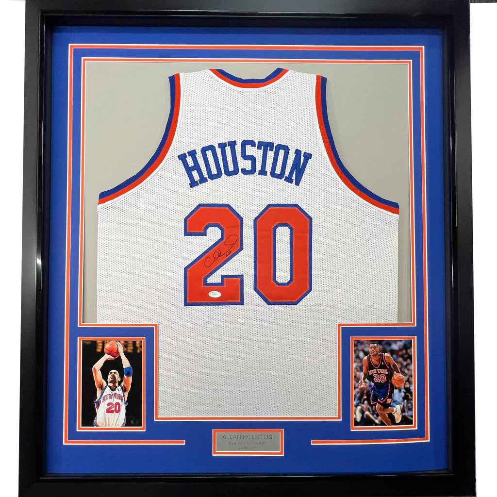 Framed Autographed/Signed Allan Houston 35x39 New York White Basketball Jersey PSA/DNA COA