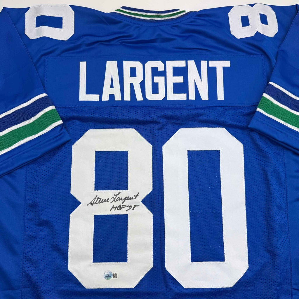 Autographed/Signed Steve Largent HOF 95 Seattle Blue Football Jersey Beckett BAS COA