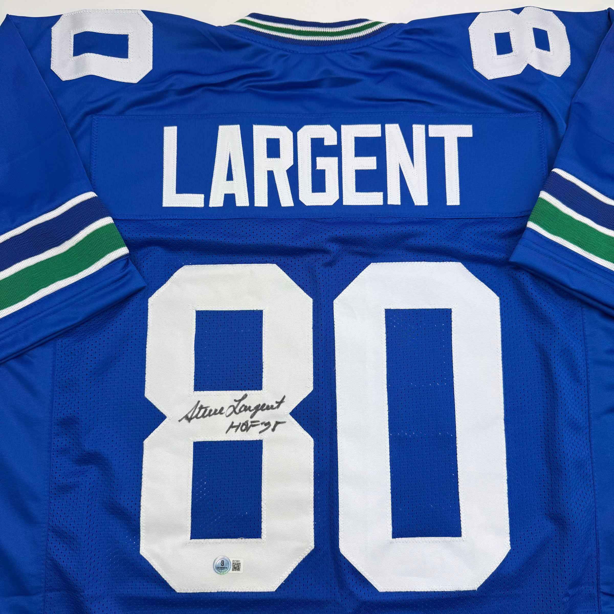 Autographed/Signed Steve Largent HOF 95 Seattle Blue Football Jersey Beckett BAS COA