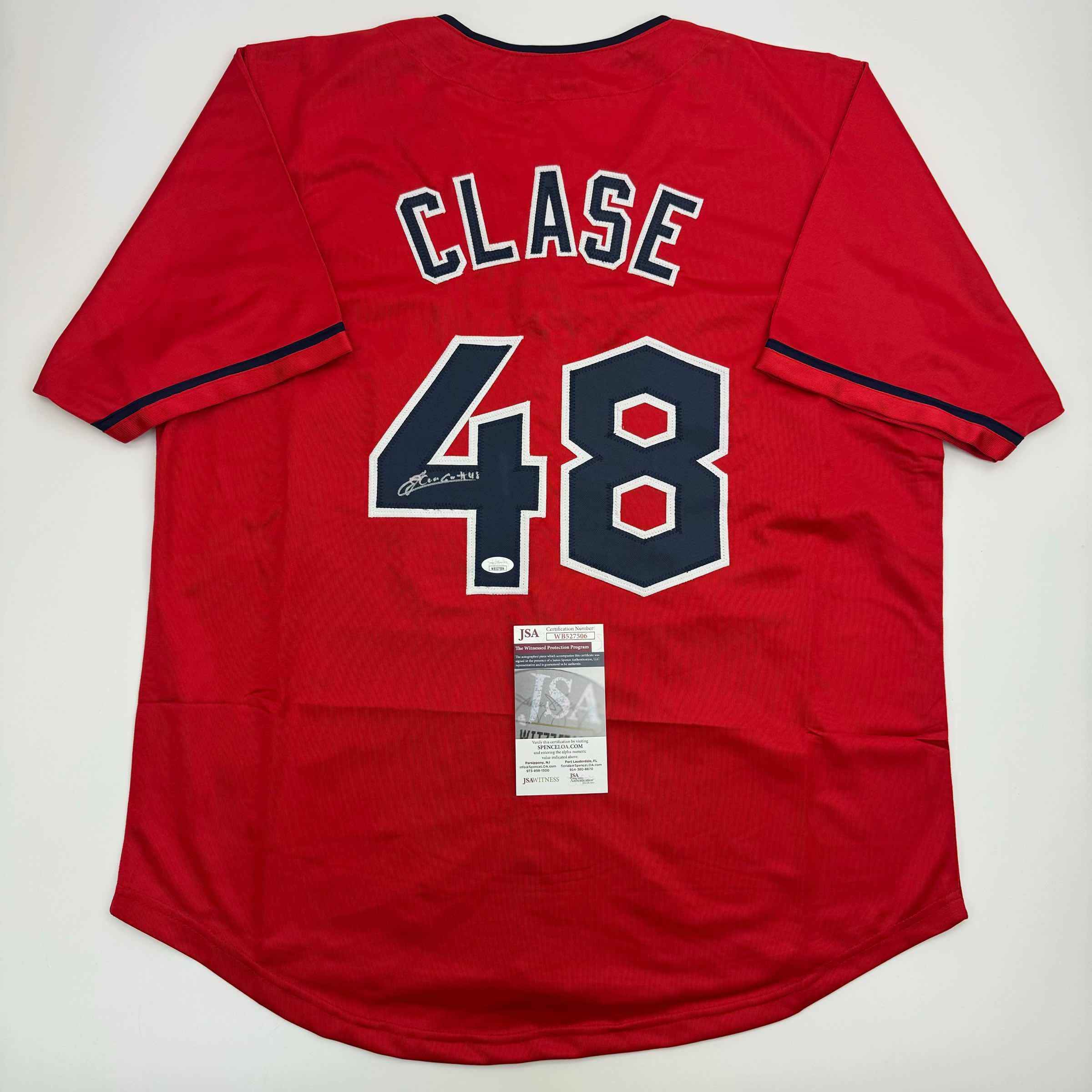 Autographed/Signed Emmanuel Clase Cleveland Red Baseball Jersey JSA COA