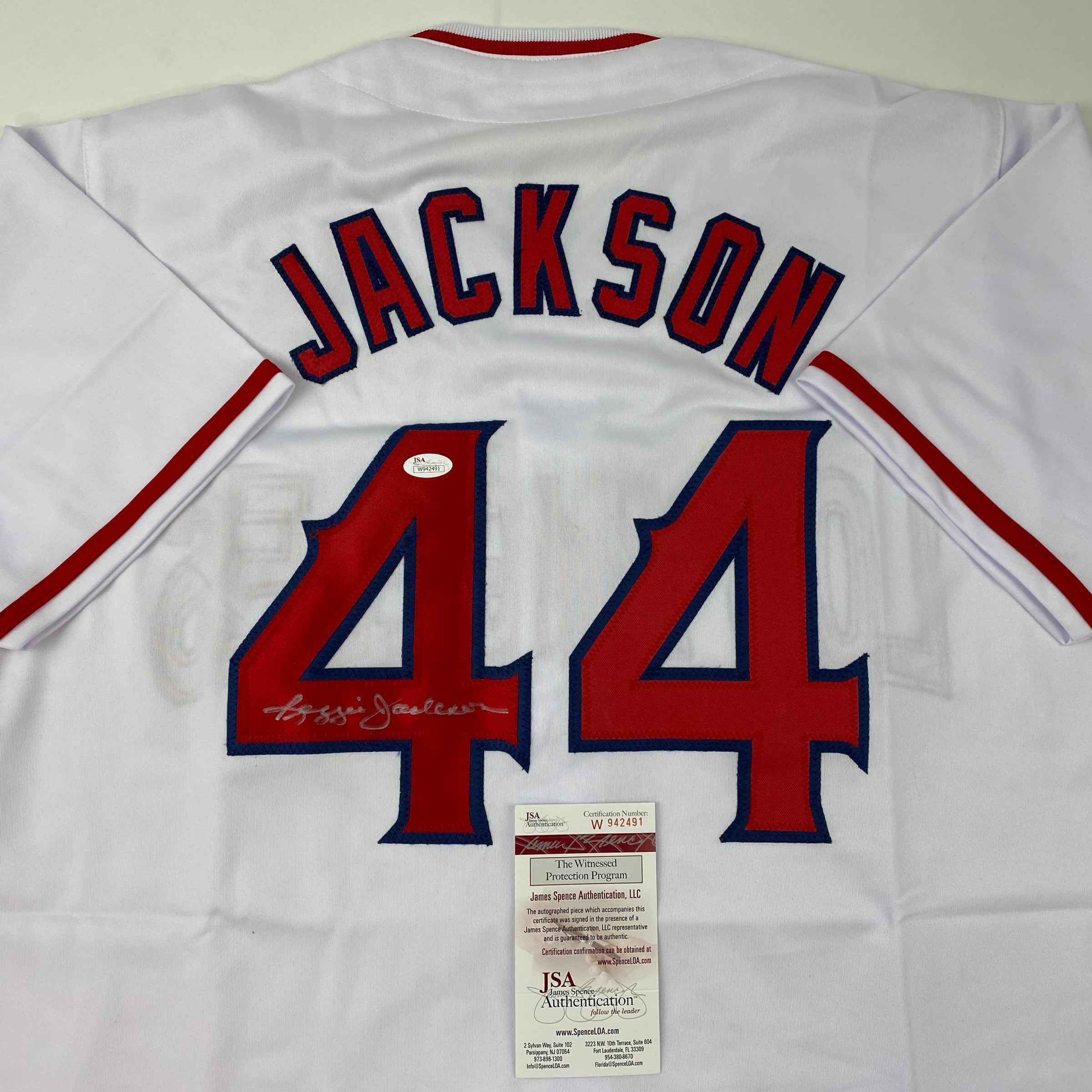 Autographed/Signed Reggie Jackson California Los Angeles White Baseball Jersey JSA COA