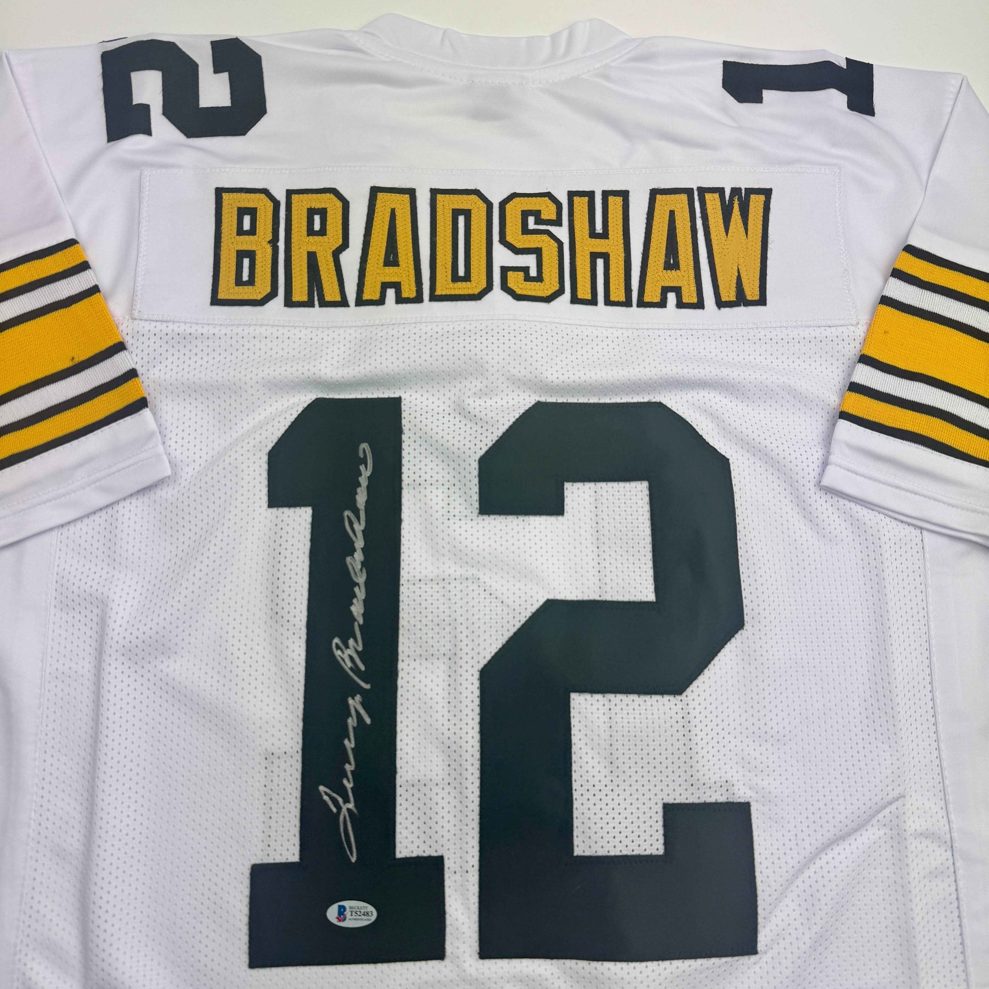 Autographed/Signed Terry Bradshaw Pittsburgh White Football Jersey Beckett BAS COA